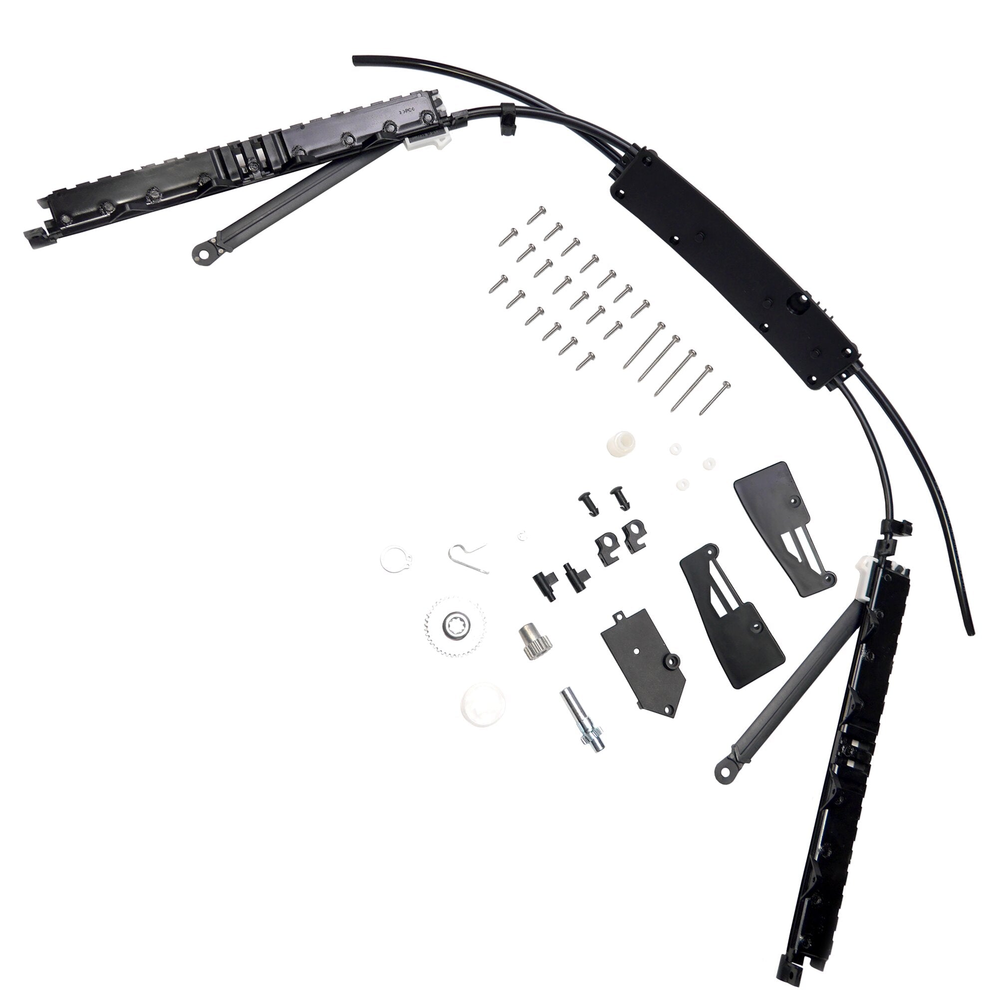 Montagekit für REMItop Vario II 700 x 500 mm, mit schwarzen Führungsschienen, Halterungen, Schrauben, Unterlegscheiben und Kleinteilen