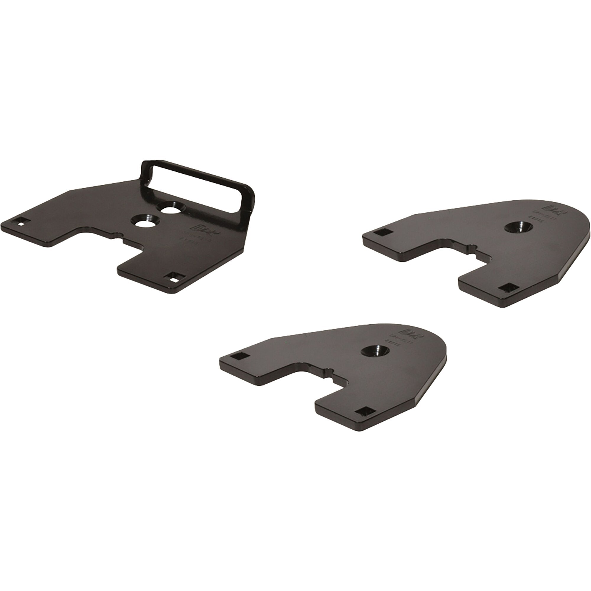 Zwei schwarze Metallplatten mit Aussparungen und Löchern, eine Platte mit Griff, Teil des AirLift Maxi Luftfedersystems für Ford Transit