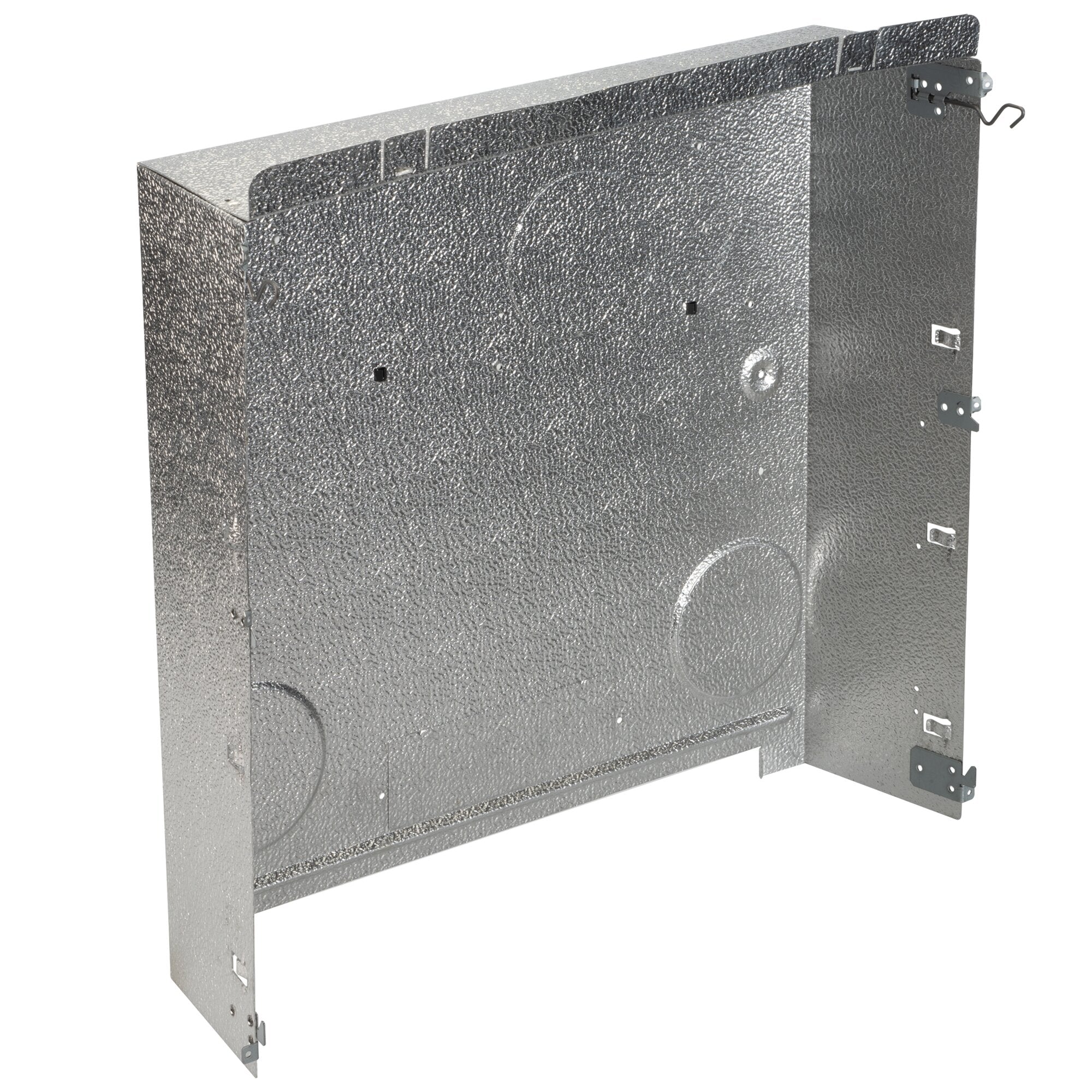 Einbaukasten S 3002 aus Hammerschlag-Metall, seitlich montierte Haltewinkel, Front mit runden Prägungen und Befestigungslöchern