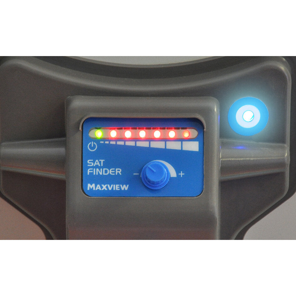 Sat-Finder mit blauer Frontplatte, SAT FINDER MAXVIEW Reihe roter LEDs, grünem Statuslicht links und blauem Ein/Aus-Knopf rechts