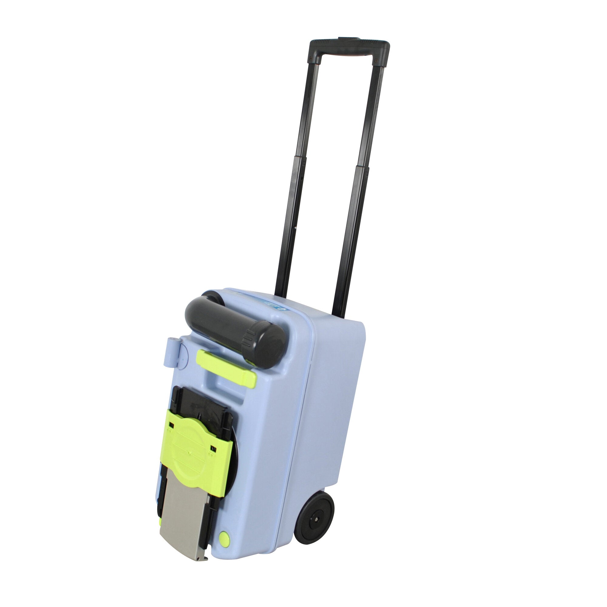 Ersatzcassette CT für Dometic Fäkalientank, blaues Gehäuse mit schwarzen Teleskopgriffen und neongelben Verriegelungen, zwei Räder
