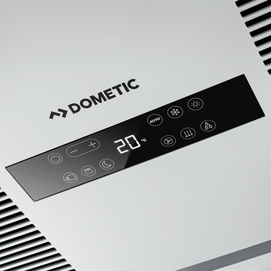 Dometic Bedienpanel für Luftverteiler der Klimaanlage, schwarzes Glasfeld mit 20°C Anzeige und Symbolen für Auto, Lüfter und Kühlung