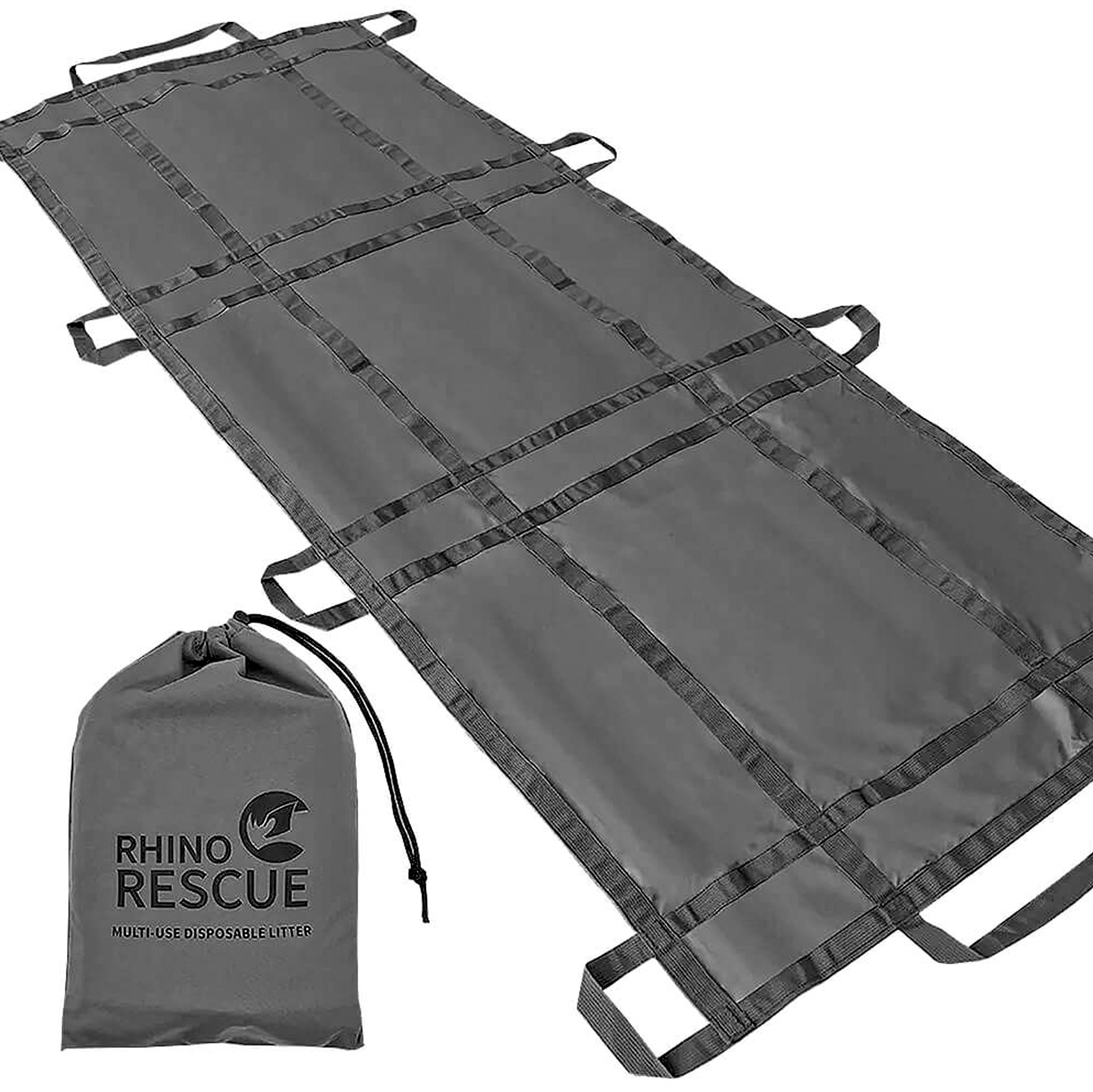 Graue faltbare Notfalltrage mit schwarzen Tragegriffen und Befestigungsschlaufen, daneben passende Tragetasche mit Rhino.