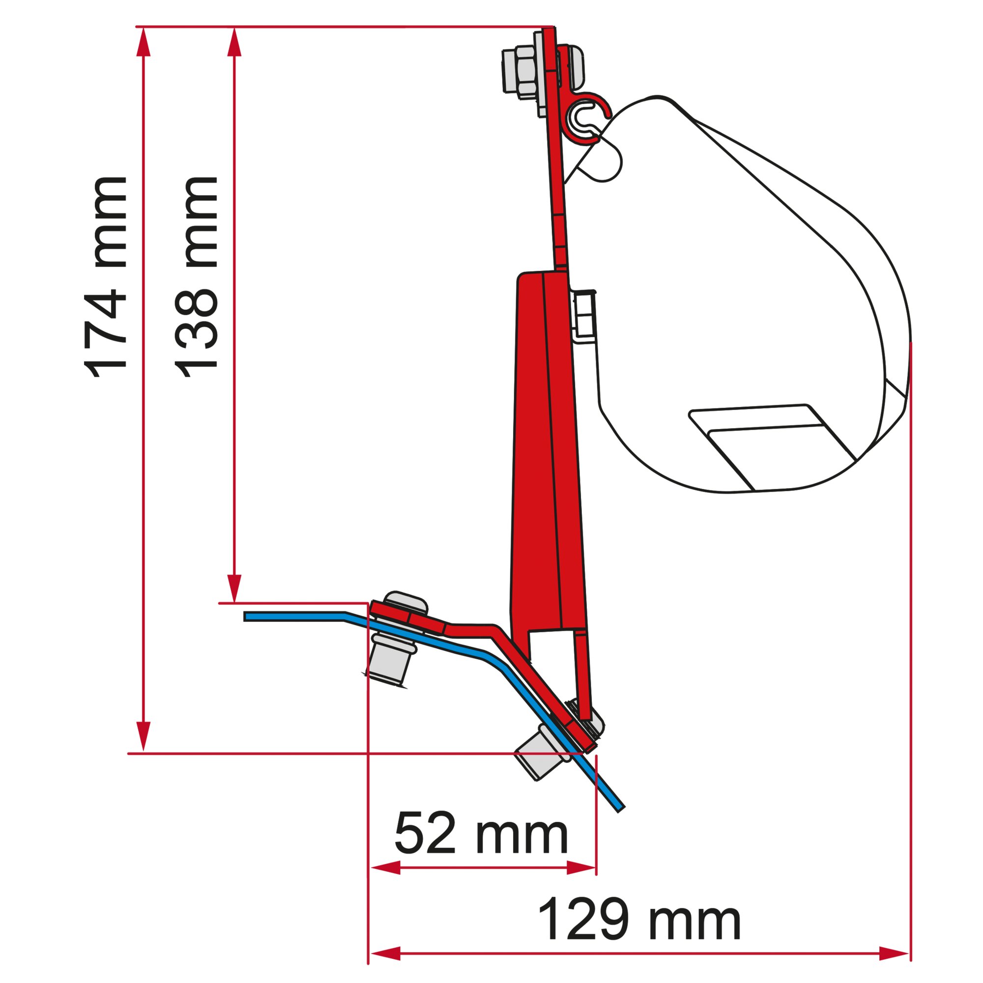 Technische Zeichnung eines Installationskits Ford Custom Lift Roof H1 Deep Black mit roter Montagesäule, Bolzen und blauen Leitungen, Maße 52 mm und 129 mm