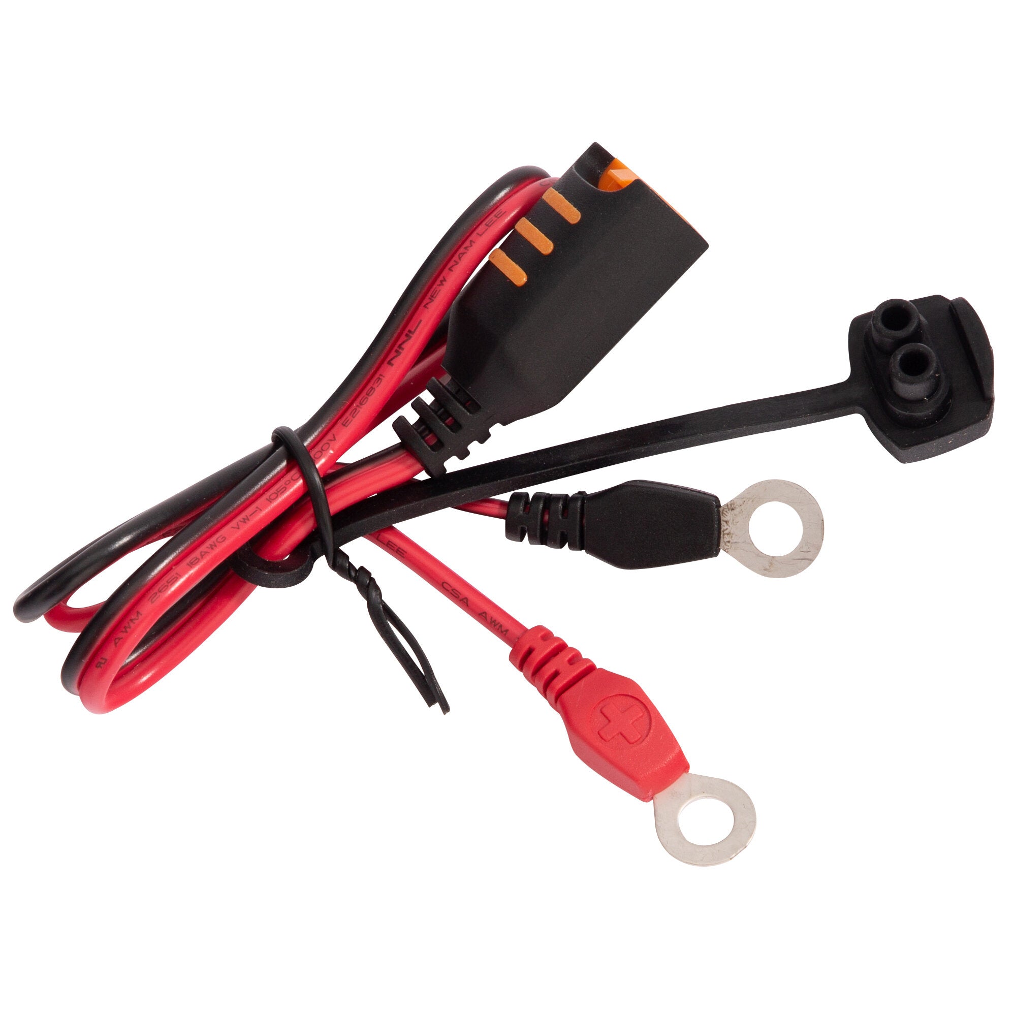 Nahaufnahme roter und schwarzer Batteriekabel mit Ringöse am Kabelende, daneben eine schwarze Klemme mit orangefarbenen Kontakten und losem Draht