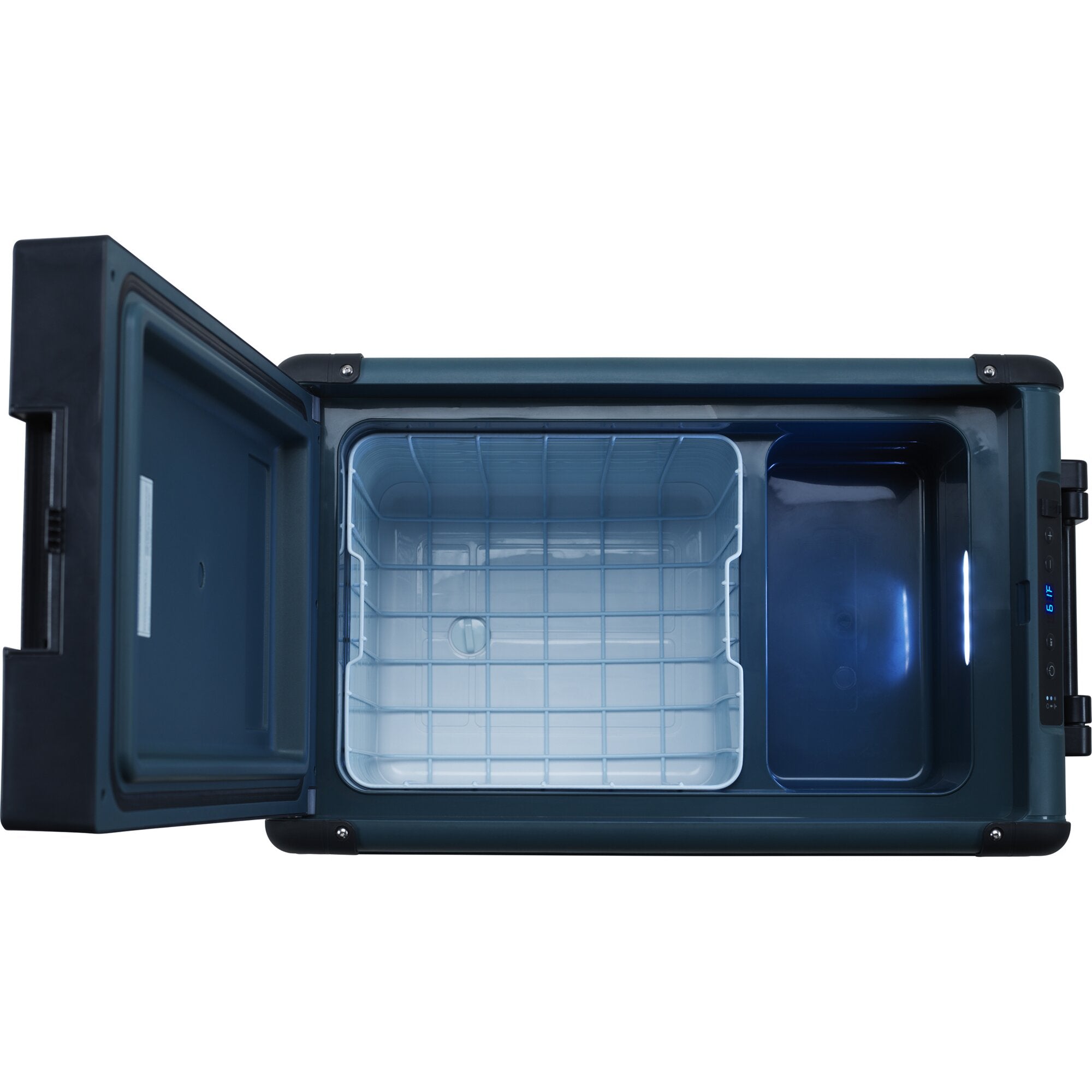 Offene CFX2 45 Kompressor-Kühlbox, dunkelblaues Gehäuse, Innenraum mit Drahtkorb, rechtsseitiges Display sichtbar