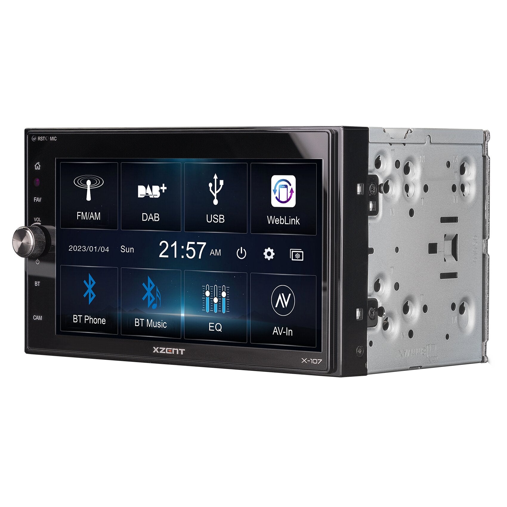 Infotainer XZENT X-107 mit 7-Zoll-Touchscreen und schwarzem Rahmen; Display zeigt FM/AM, DAB, USB, WebLink, BT Phone, BT Music, AV-In