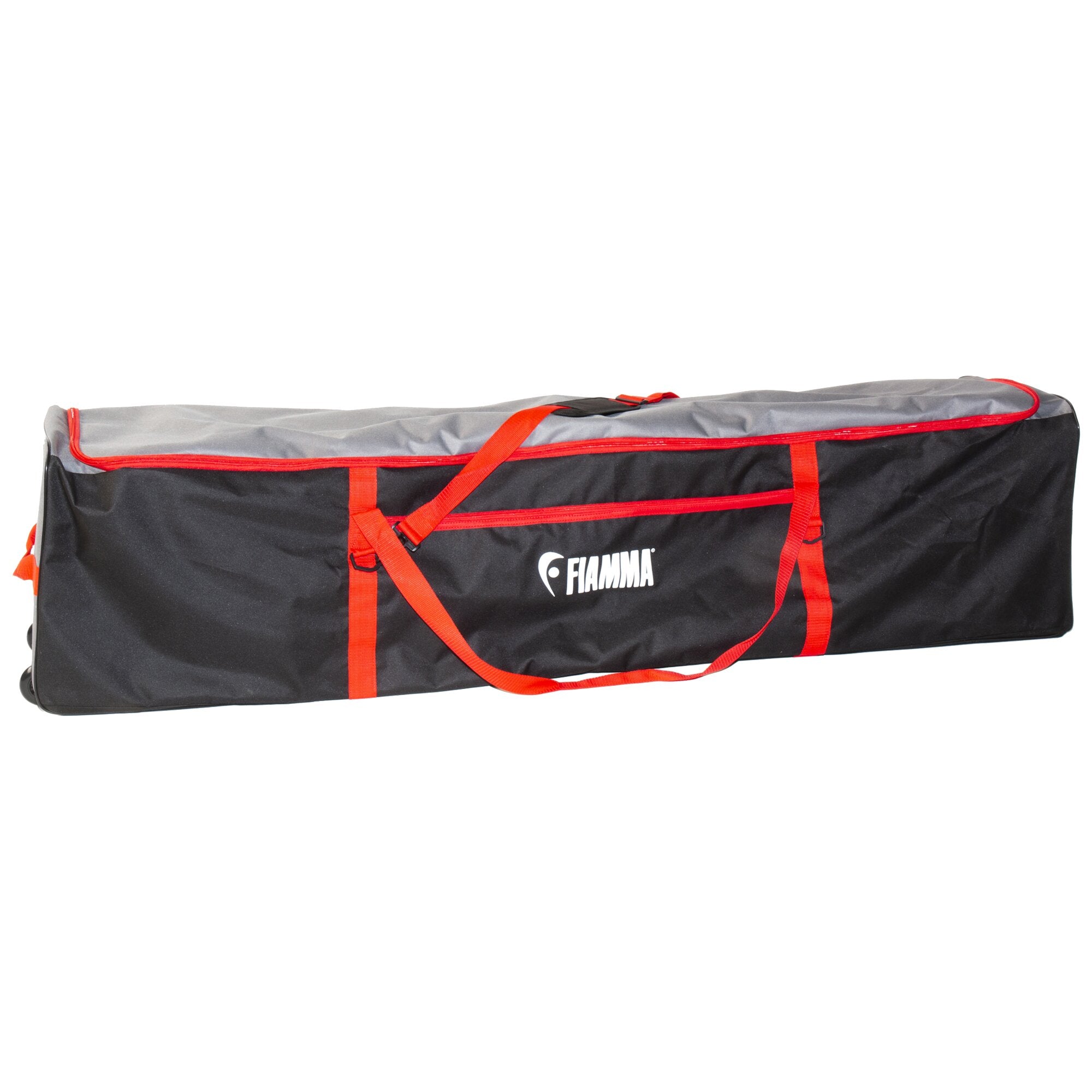 Schwarze Transporttasche Mega Bag Elite aus robustem Material mit grauer Oberseite, roten Reißverschlüssen und roten Traggurten, FIAMMA-Logo sichtbar