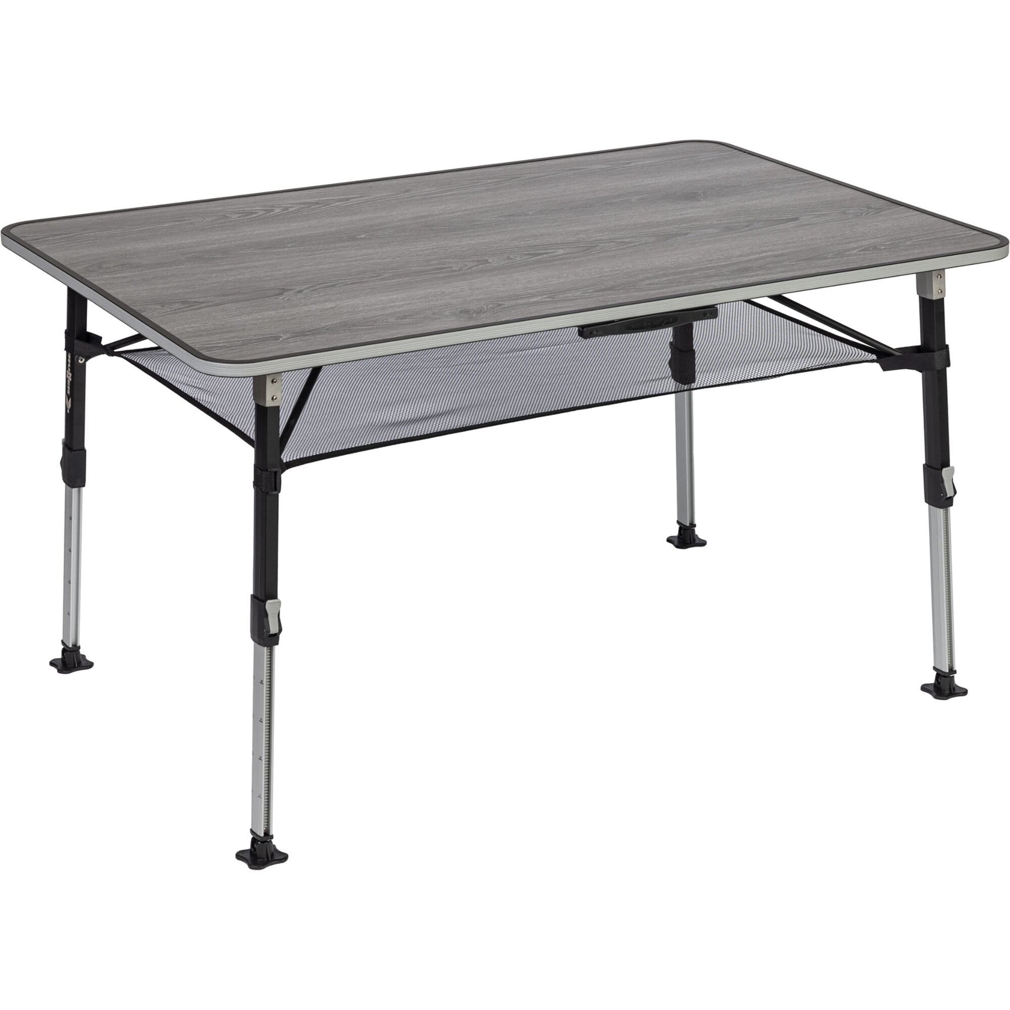 Camping-Tisch ELU' NG, 120 cm, graue Holzoptik-Tischplatte mit abgerundeten Kanten, stabiler Metallrahmen, Netzablage darunter, verstellbare Beine