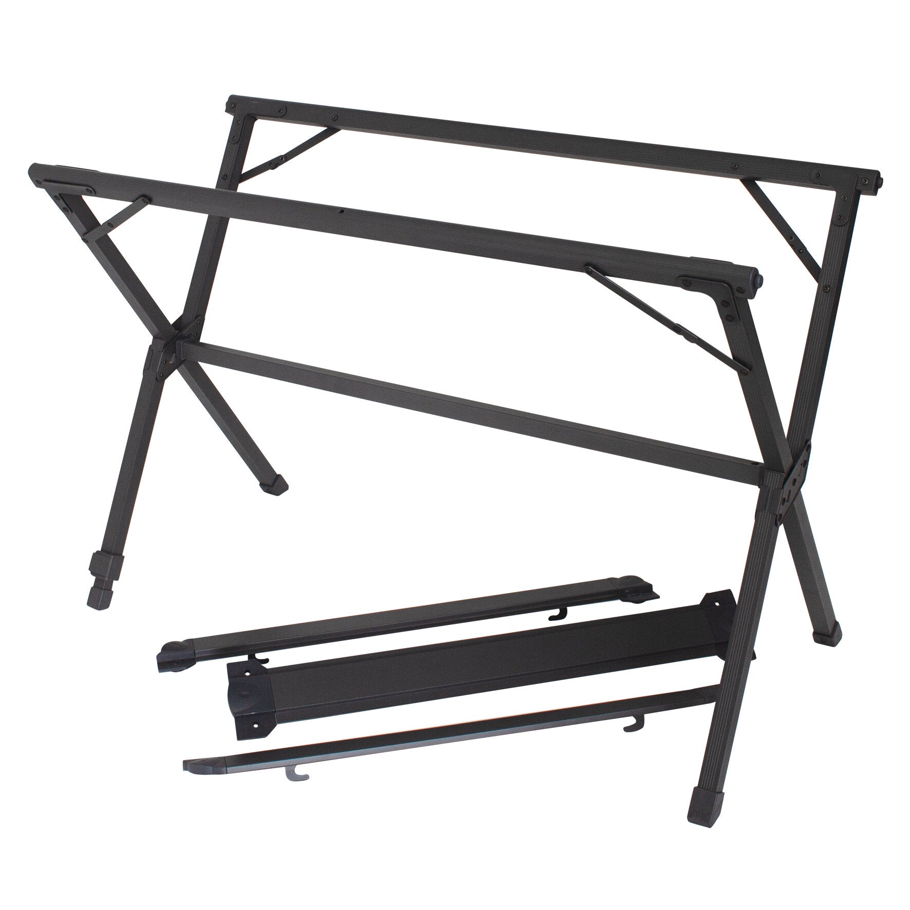 Schwarzer klappbarer Bambus-Rolltisch Chambery, 110 cm, mit X-Beinen, langen Oberbalken und darunter liegender Ablageplatte, Seitenansicht