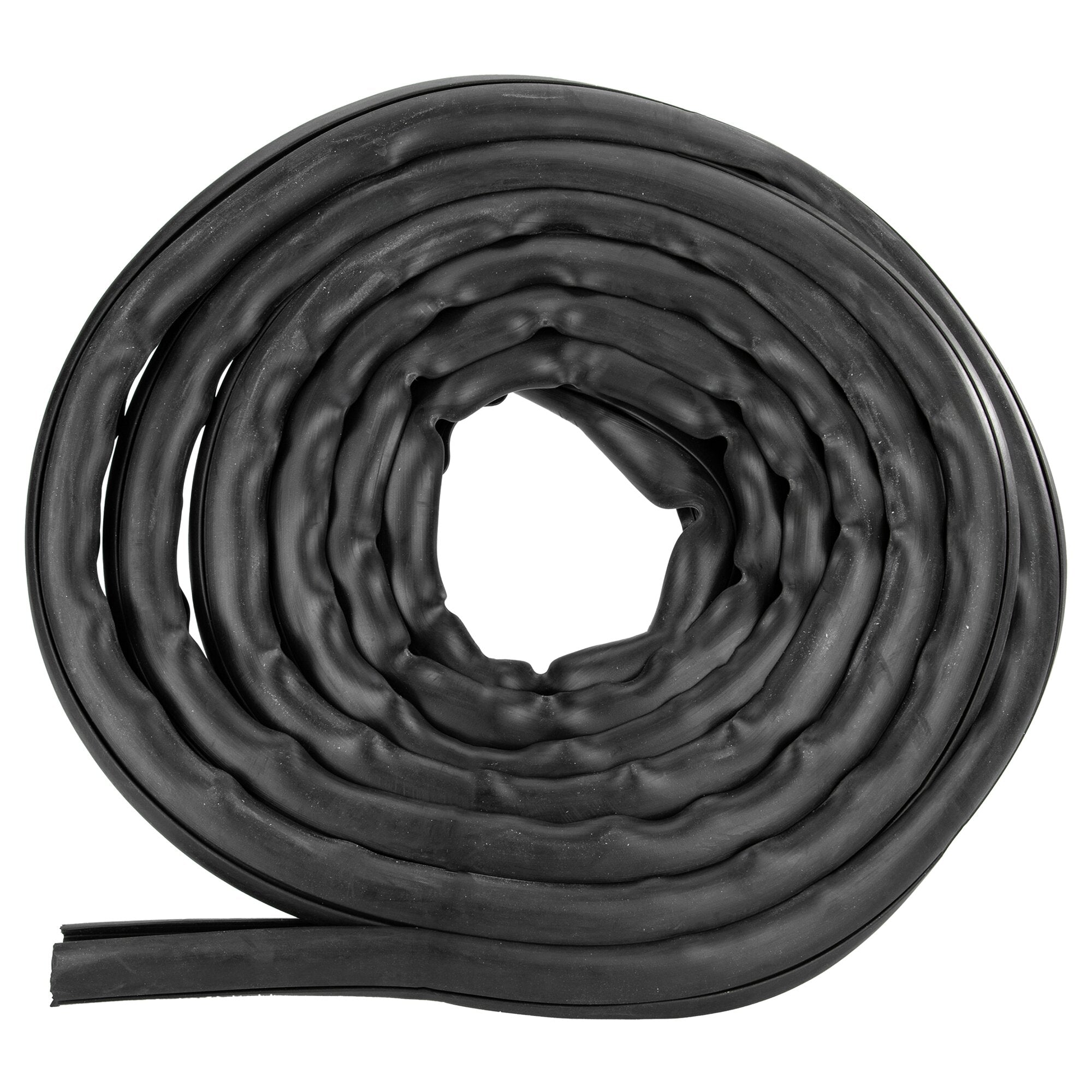 Schwarzes Gummiprofil in einer dicken, eingerollten Spirale, mit sichtbaren Rippen und glatter Oberfläche