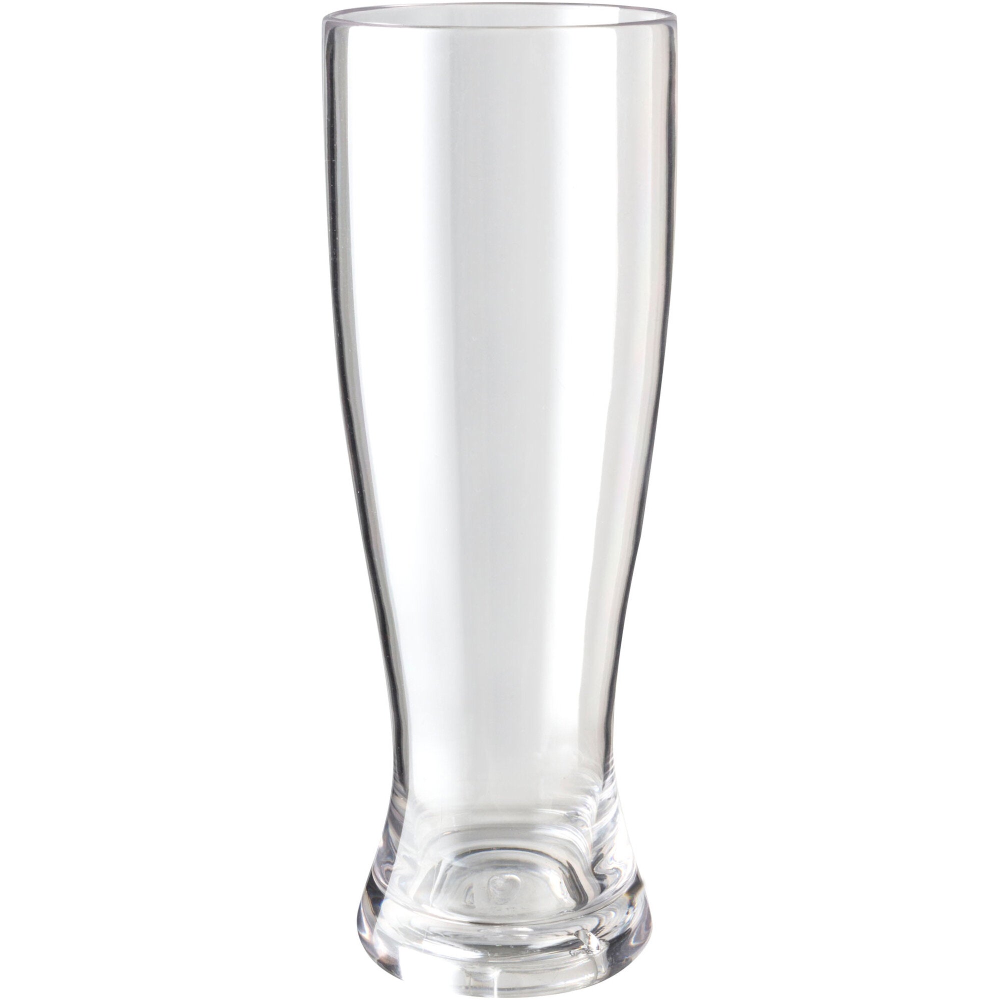 Transparentes Weißbierglas mit breitem Rand, schlanker Mittelteil und festem Boden, Nahaufnahme