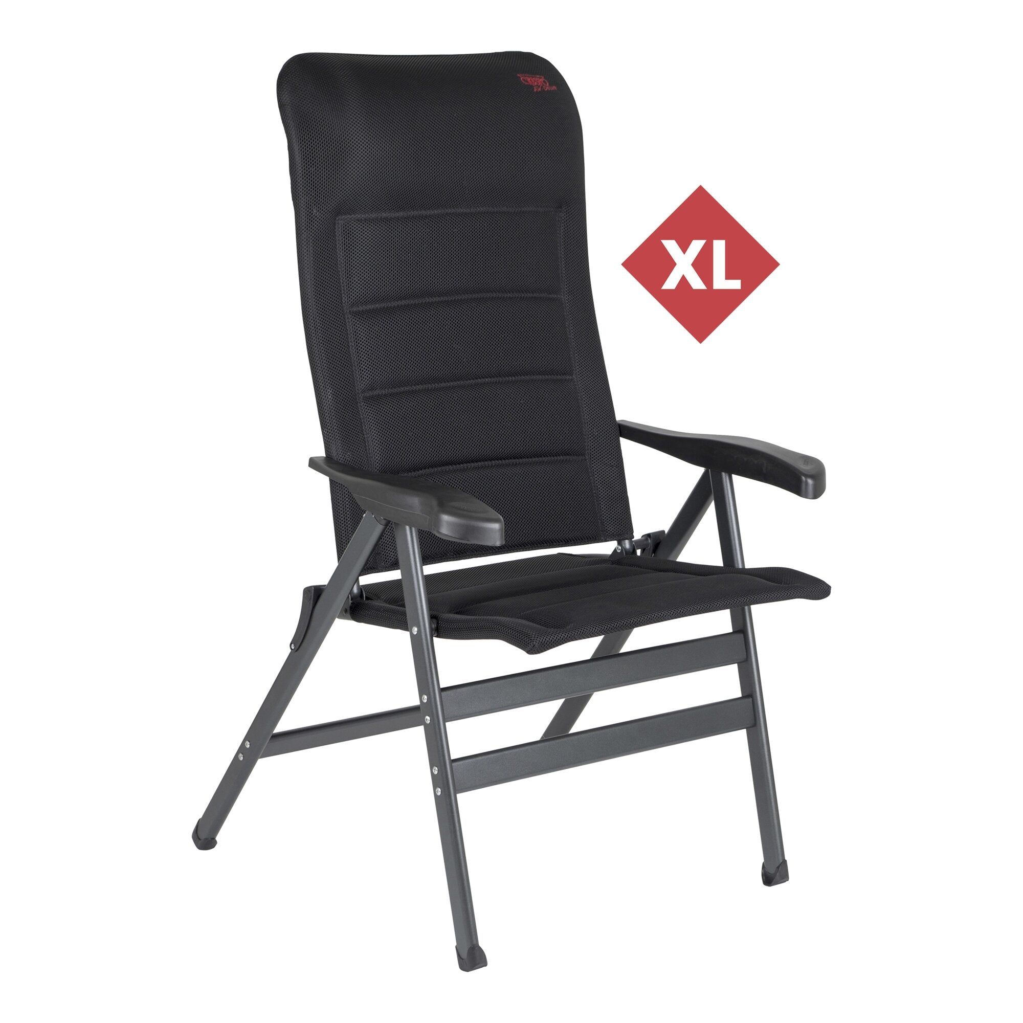 Schwarzer Campingstuhl AP/238 Air-Deluxe XL mit Mesh-Rückenlehne, gepolsterter Rückenbereich und Armlehnen; faltbares Metallgestell, roter XL-Diamant