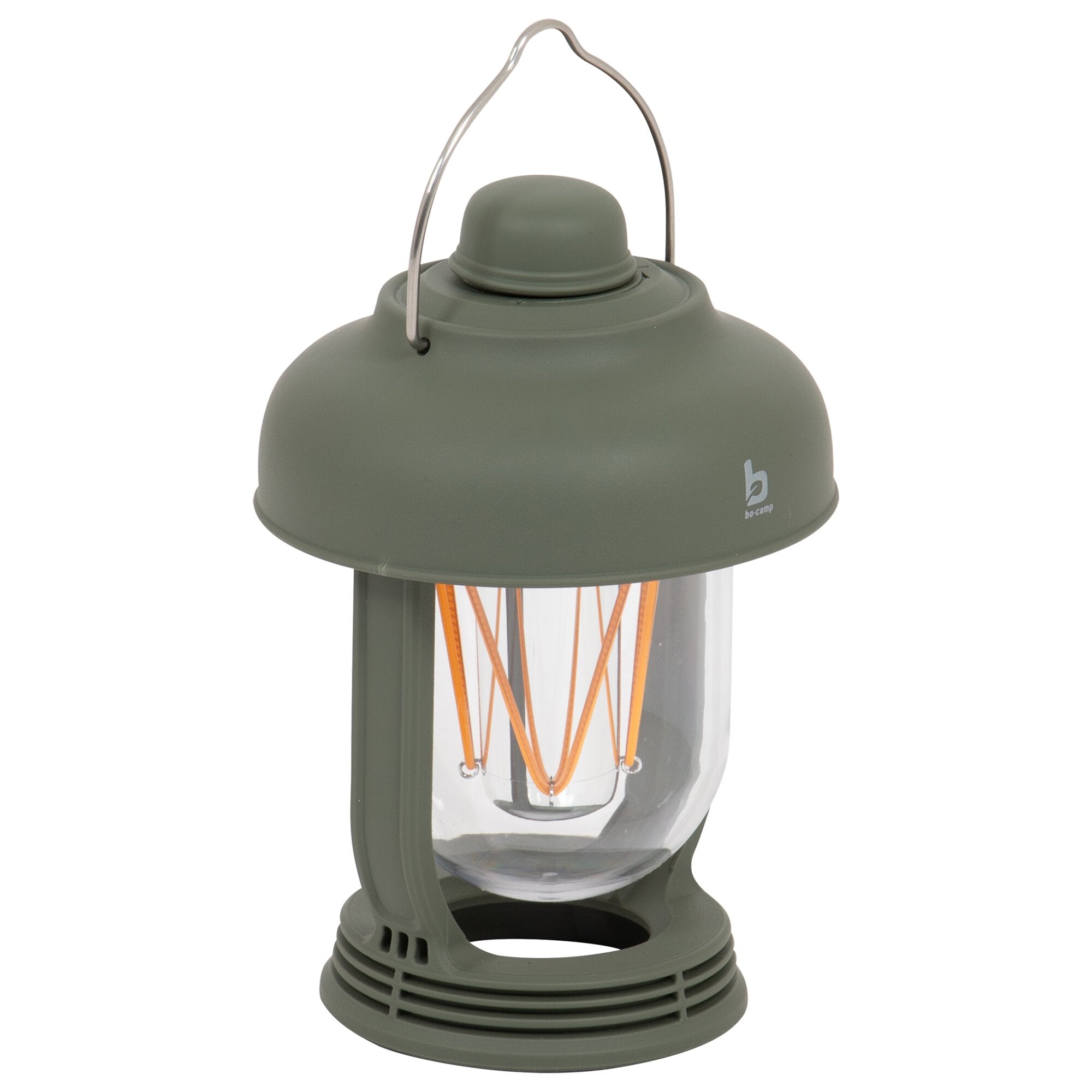 Grüne Campinglampe mit Glaskörper, orange leuchtende Filamente im Inneren, runder Sockel und Metallgriff oben
