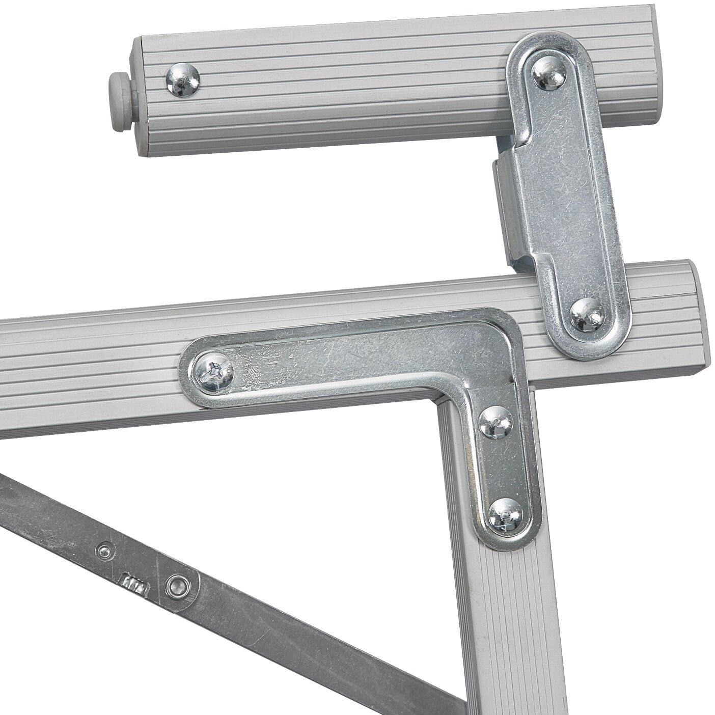 Detailansicht eines silbernen Aluminium-Rolltischrahmens mit gerillten Profilen, Schraubverbindungen und einer scharnierartigen Verbindung im Mittelpunkt