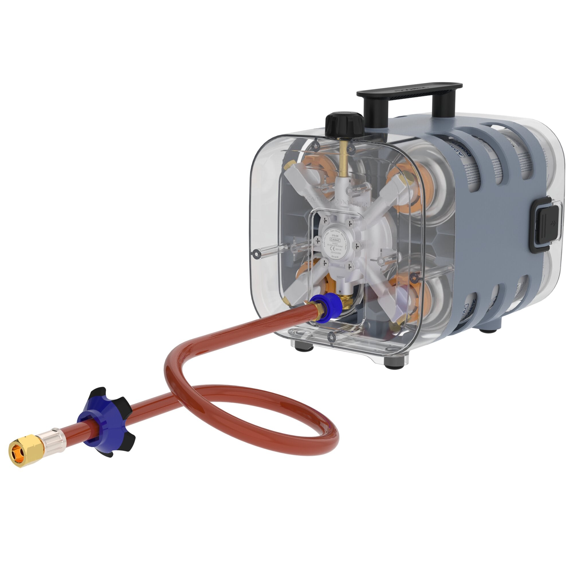 Quad Power Pak Gasversorgung, 30 mbar, kompakte Bauform mit transparentem Gehäuse, sichtbare Innenbauteile und roter Schlauch mit blauer Kupplung