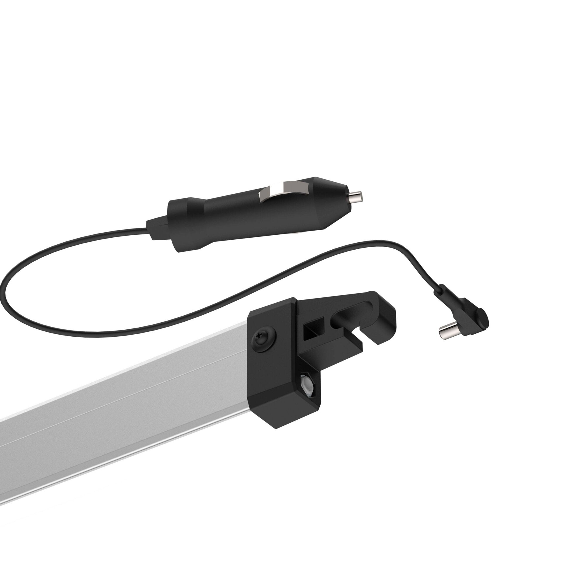 Detailansicht einer schwarzen Spannstange mit Aluminiumprofil und Halteklammer, Kabel führt zu einem Metallstecker