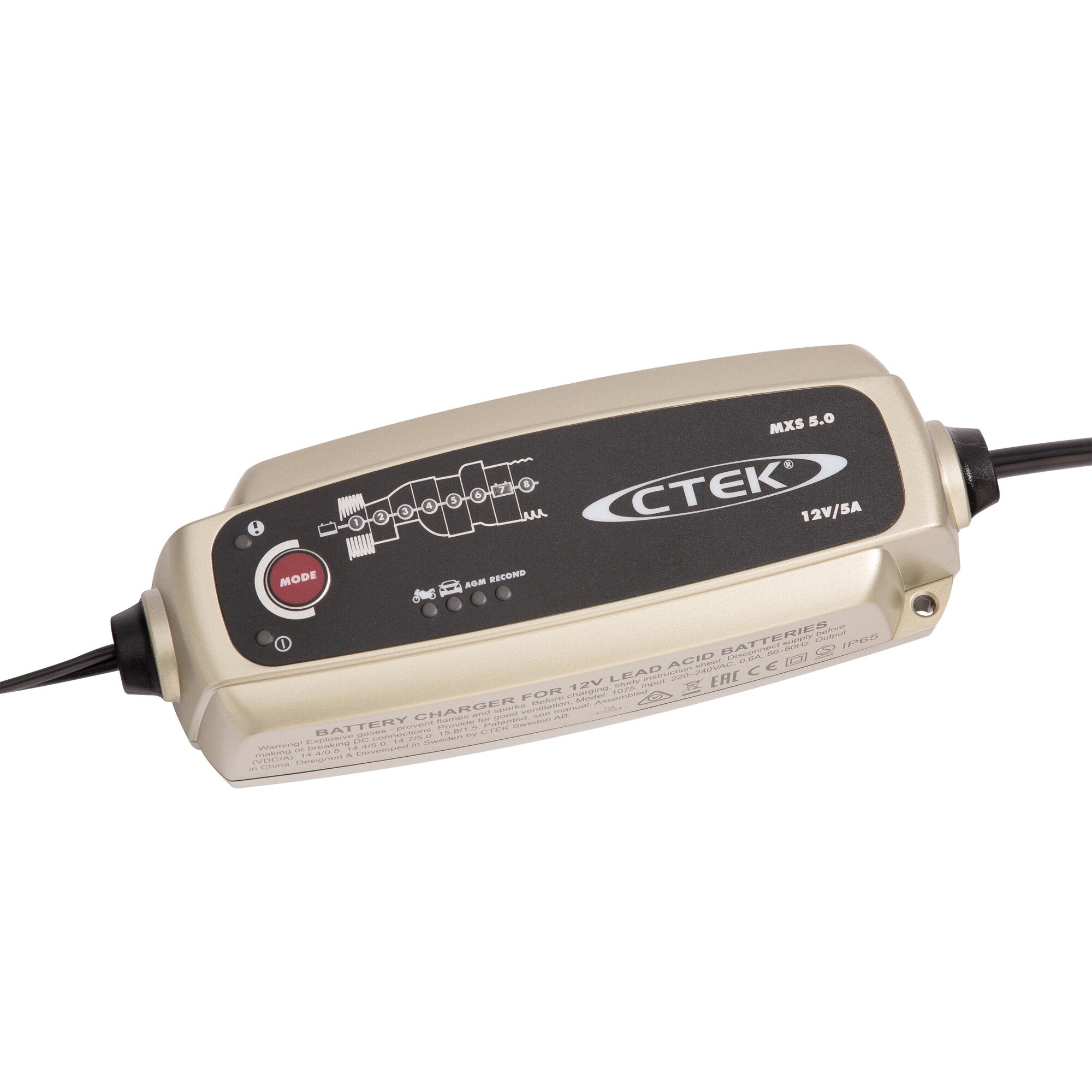 Batterieladegerät MXS 5.0 von CTEK mit beigefarbenem Gehäuse, schwarzer Frontplatte, Diagrammaufdruck und roter MODE-Taste