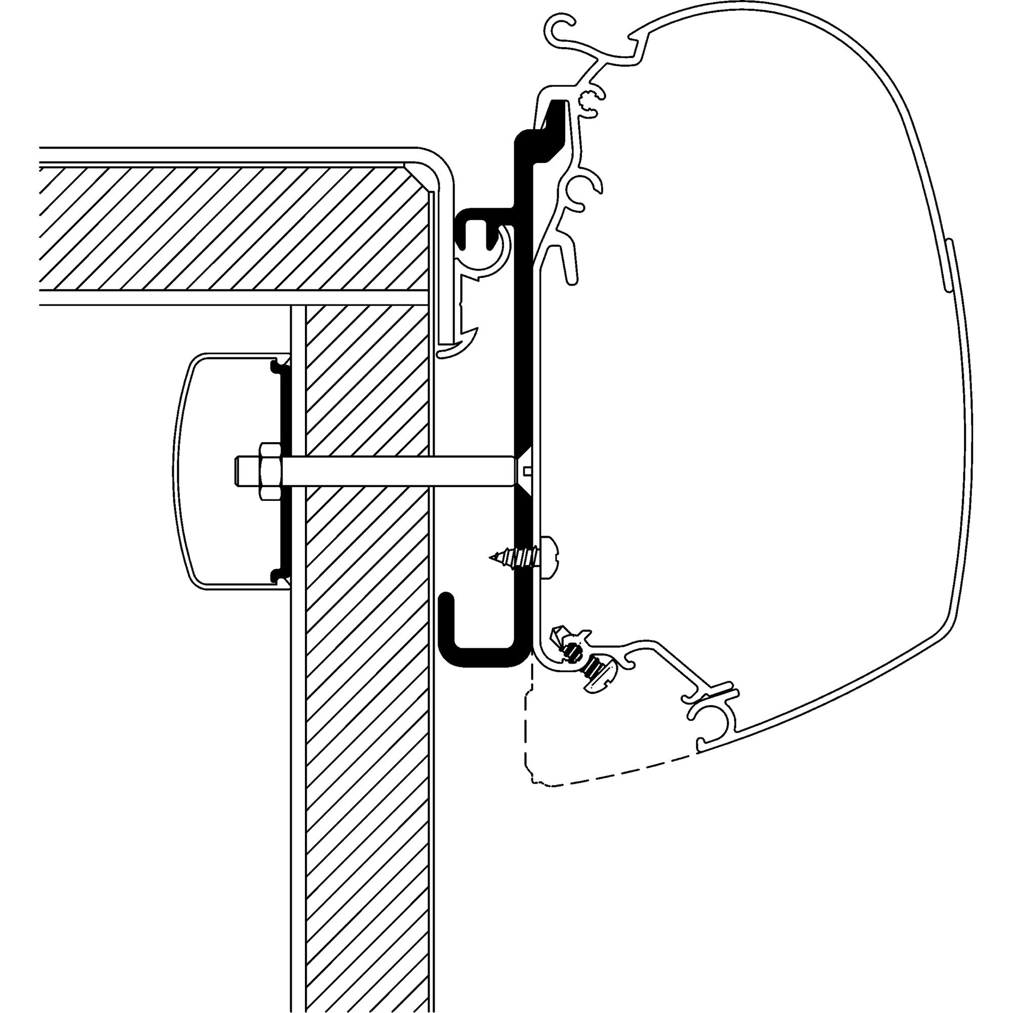 Technische Zeichnung eines Adapters zwischen Rapido Serie 9 und TO Serie 5/8; schraffierter Block mit Halterung und Schrauben, Kreisform rechts