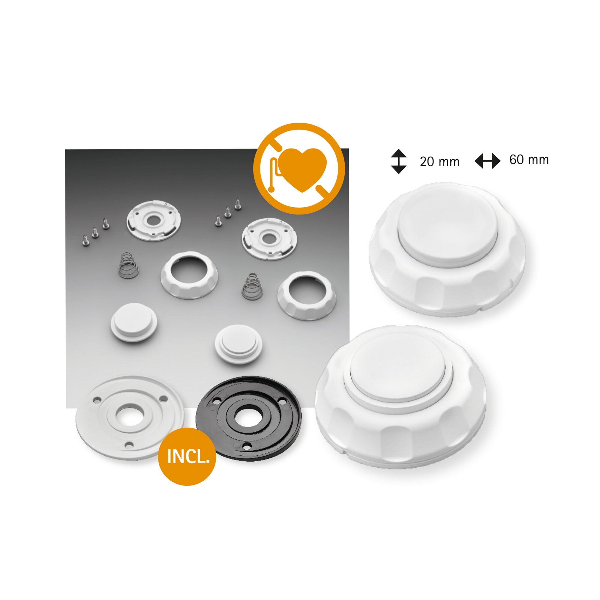 Türfeststeller Magnet hoch, weiß, mit Montageset aus Ringen, Schrauben und Spiralfedern auf grauer Platte; rechts großes weißes Gehäuse, orange INCL.-Badge sichtbar