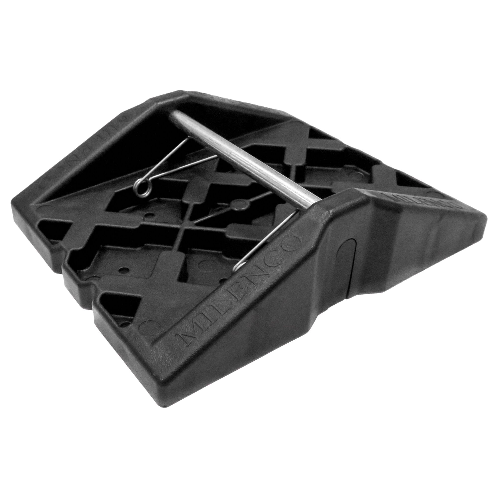 Detailansicht eines Corner Feet Stützplattensets: schwarze Kunststoffbasis mit einem quer liegenden Metallstab und Innenstrukturen