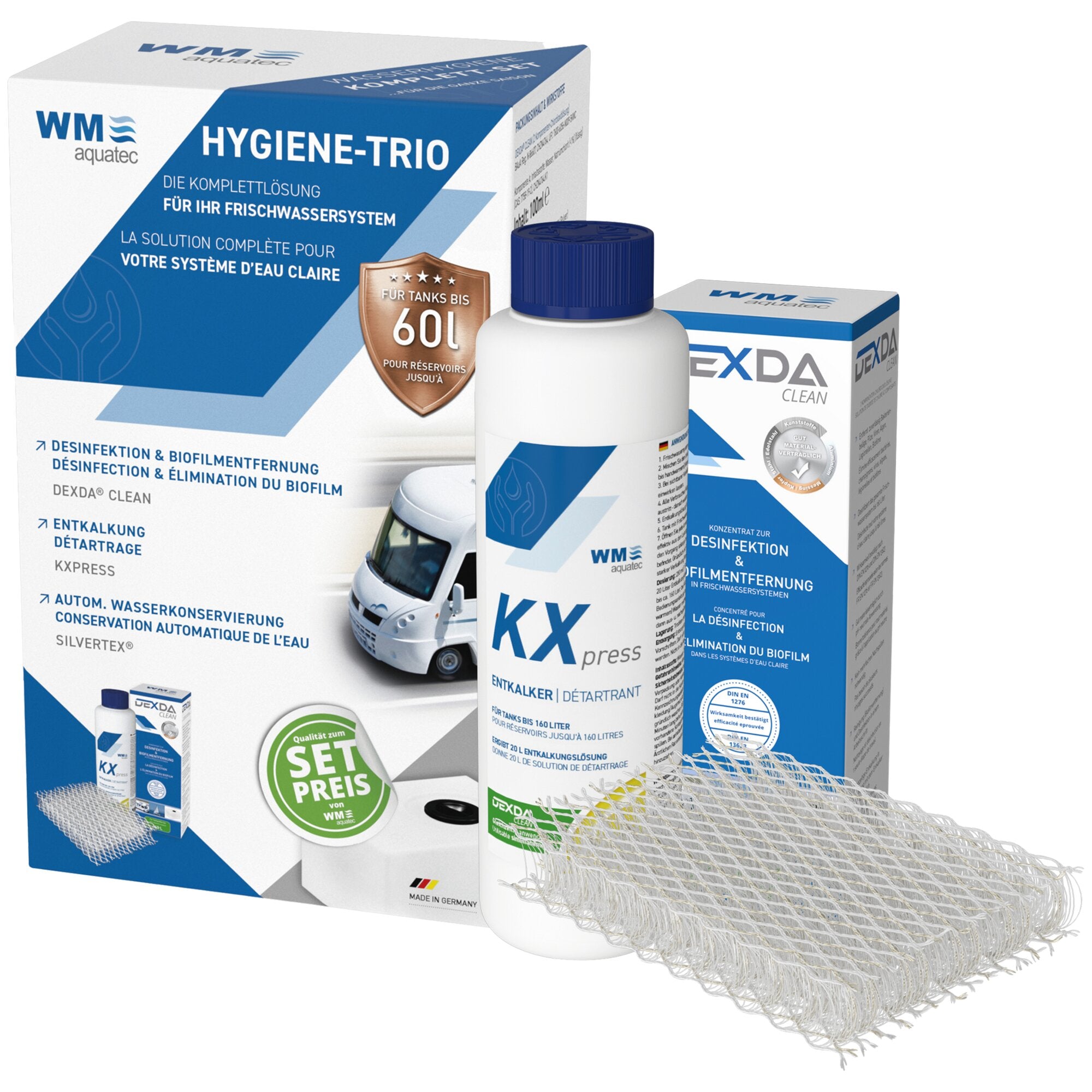 Komplettset Hygiene-Trio 60 l mit großen weißen Kartons in Blau und HYGIENE-TRIO Beschriftung, Flasche mit blauem Deckel und EXDA-Verpackung neben Netzgewebe