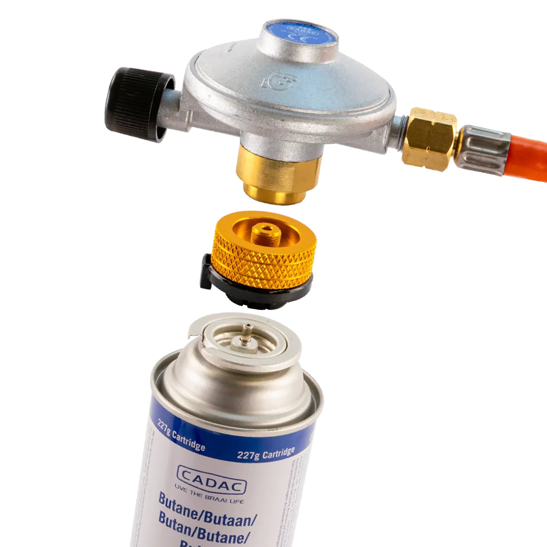 Zerlegter Bajonett-Kartuschen-Adapter mit silbernem Gehäuse, blauem Deckel, goldene Verschraubung und orangefarbenem Schlauch