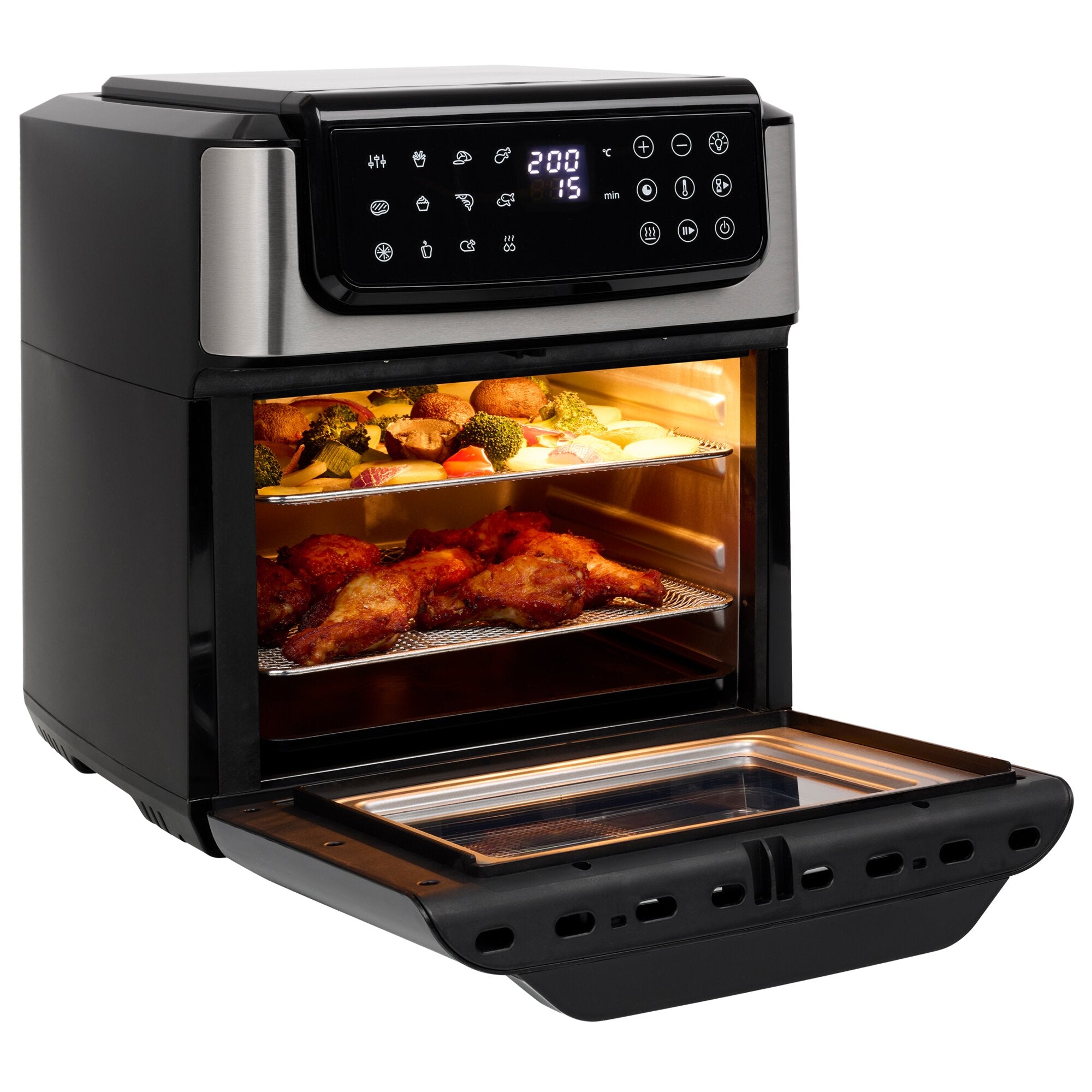Schwarzer Airfryer‑Ofen mit digitalem Bedienfeld, Tür geöffnet; Innenraum mit Rosteinsätzen und sichtbaren Speisen wie Hähnchenstücke und Gemüse
