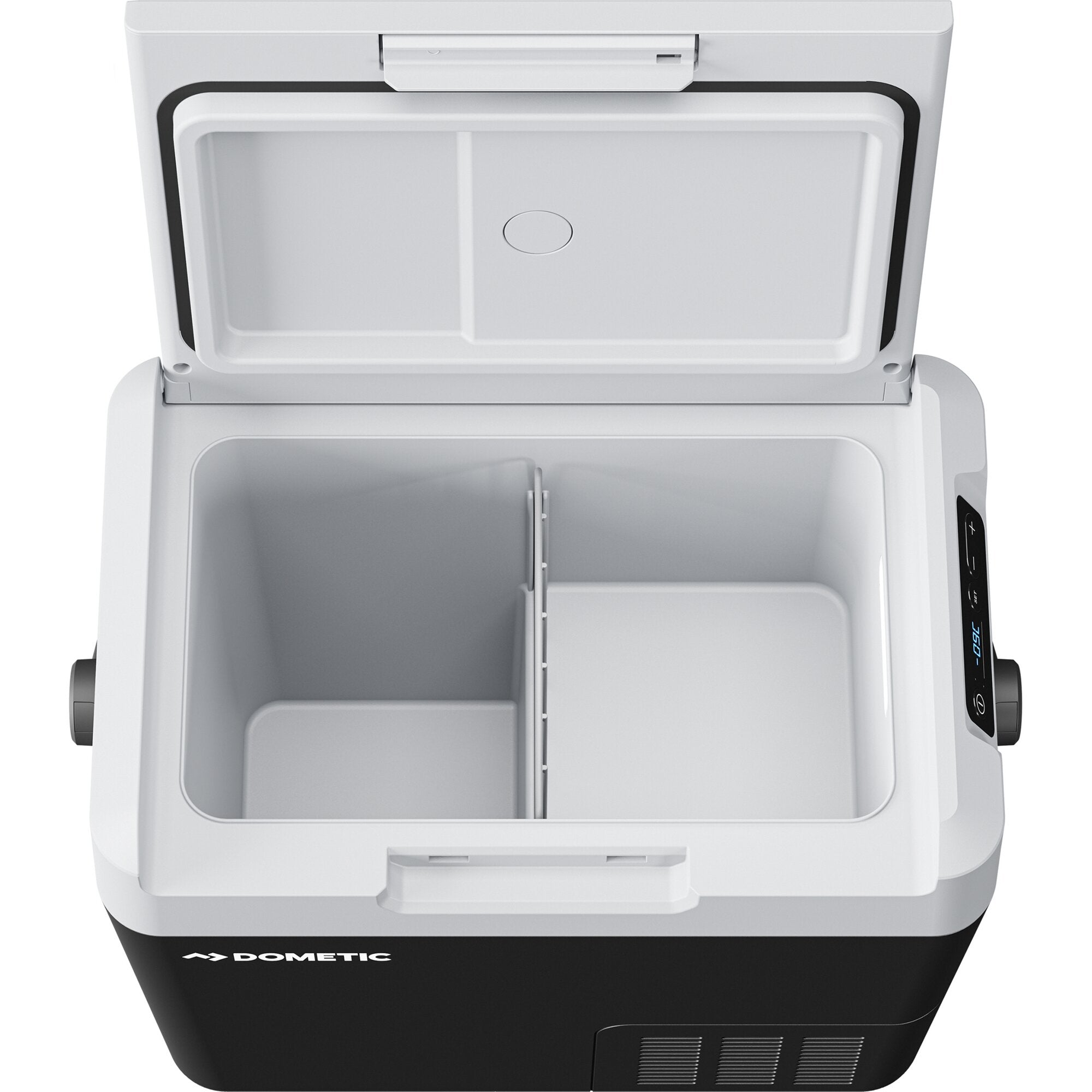 Offene Kompressor-Kühlbox mit weißem Innenraum, schwarzer Außenseite und seitlicher Bedieneinheit mit Digitalanzeige DOMETIC-Logo unten