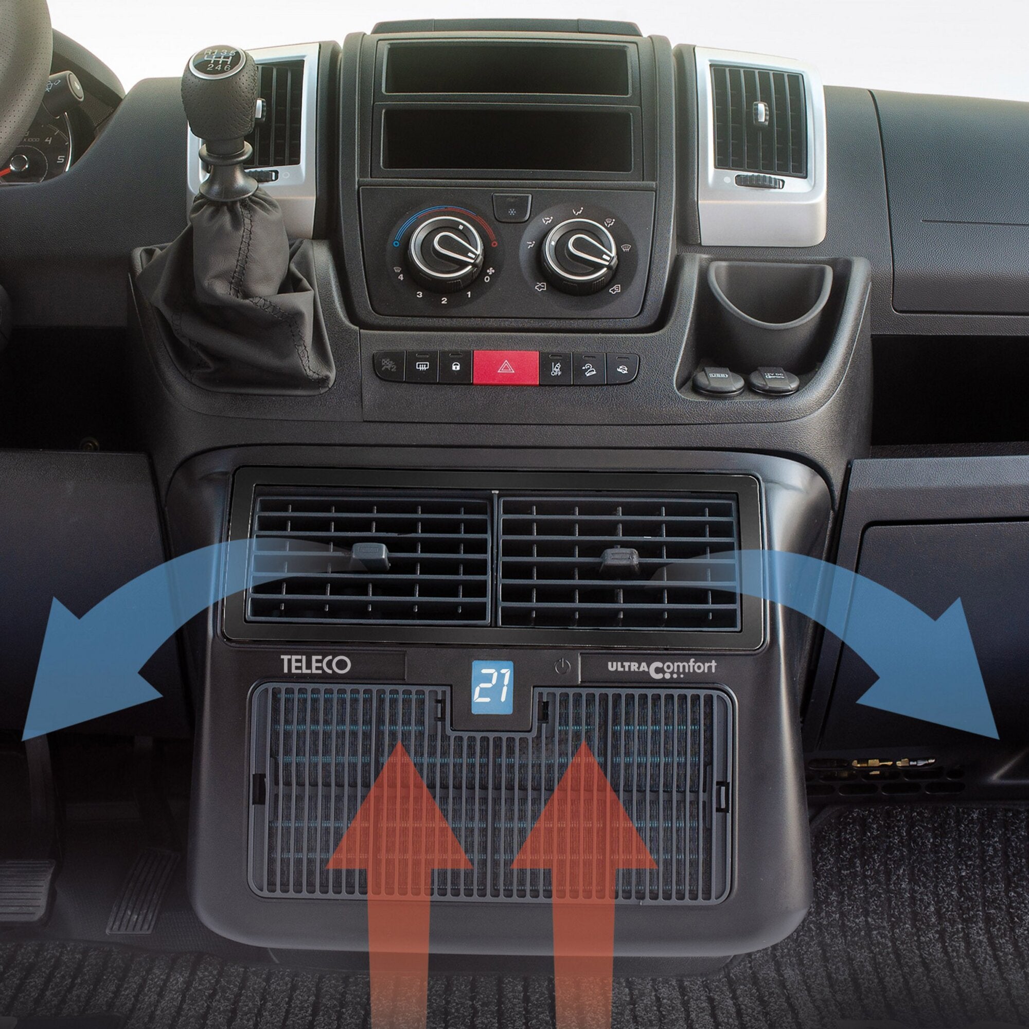 Innenraum eines Fahrzeugs mit ULTRA comfort Klimaanlagenmodul, zwei runde Regler für Temperatur und Luftverteilung, Lüftungsschlitze darüber