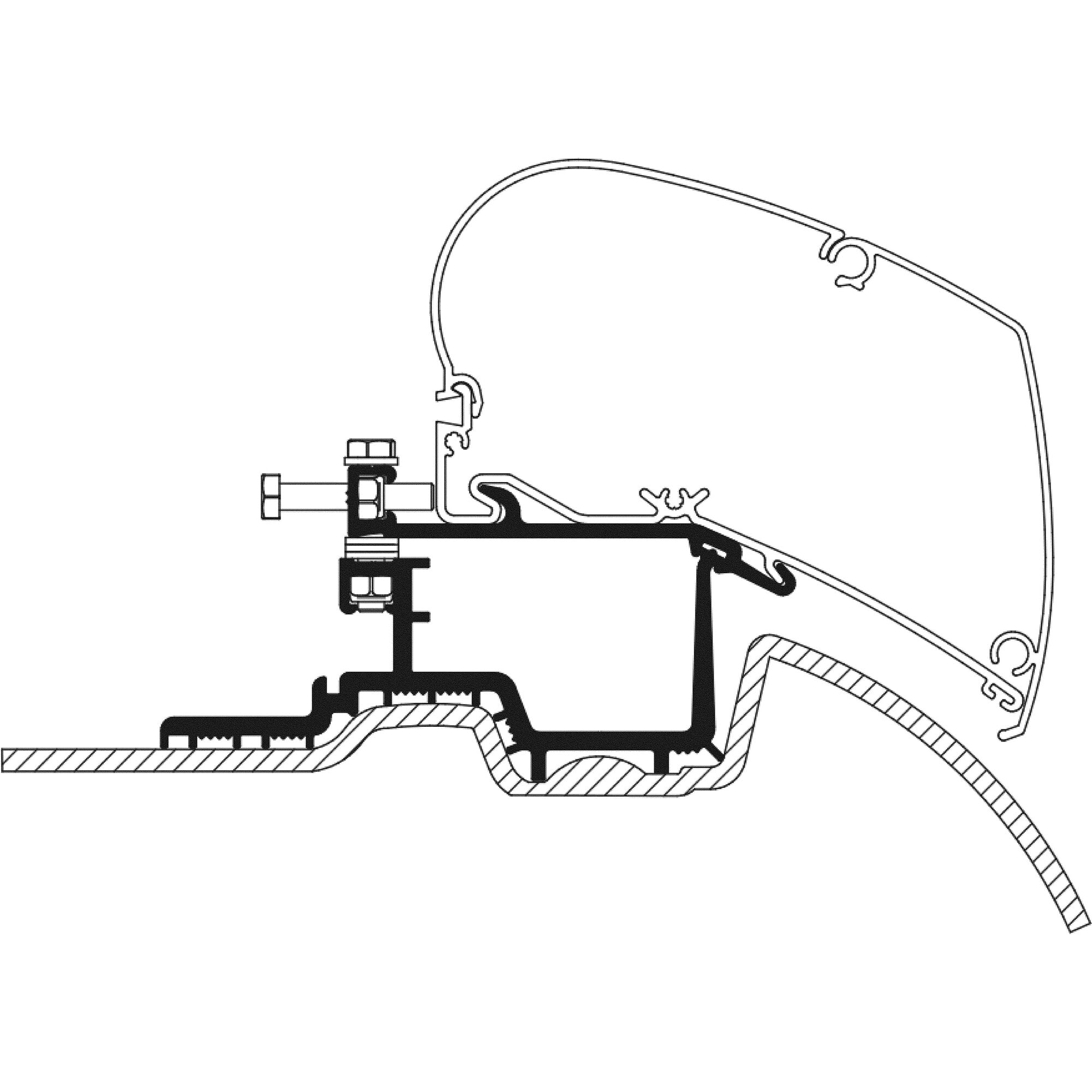 Technische Zeichnung eines Schlauchadapters mit Umlenkung, Klemme, Halterung und montierter Grundplatte mit Schrauben