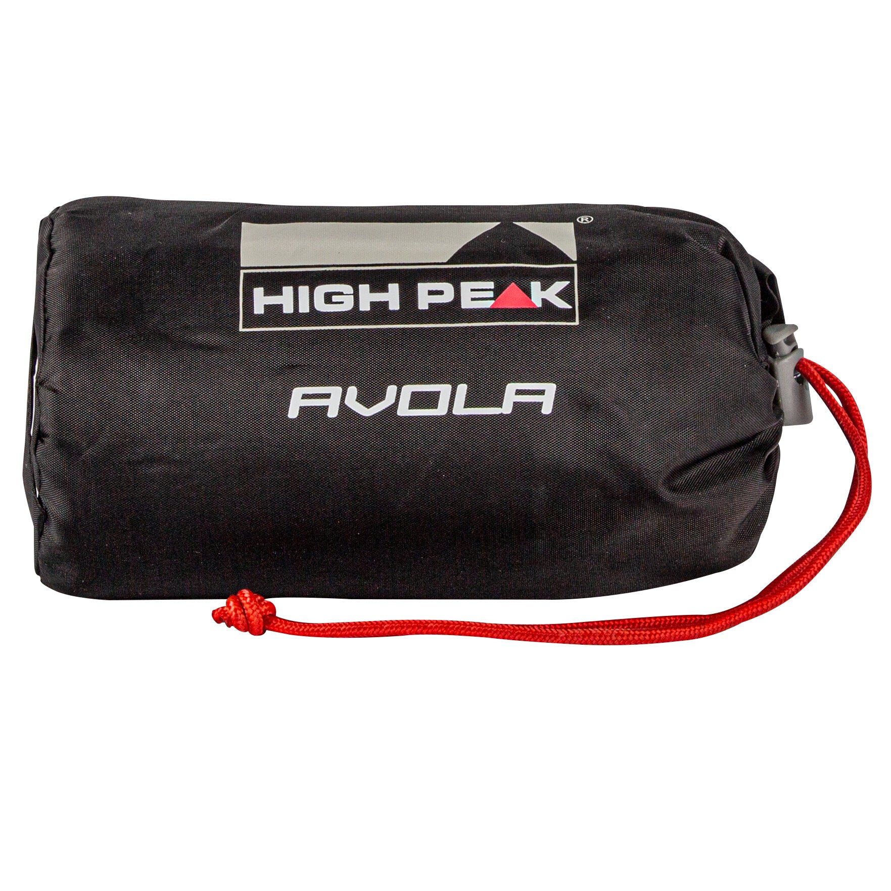 Schwarzer Beutel mit roter Kordel, auf dem das High Peak Logo und der Schriftzug AVOLA sichtbar sind