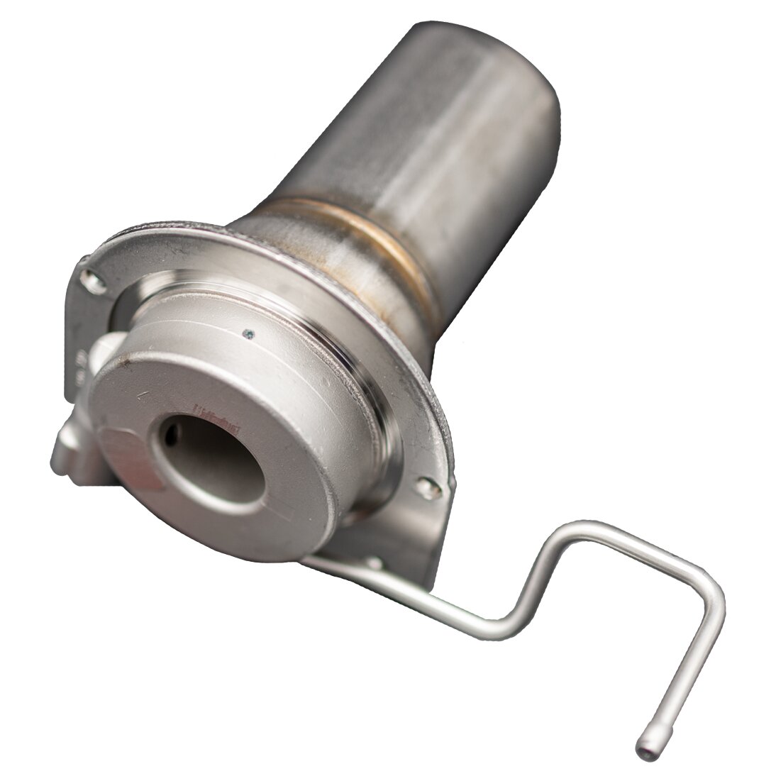 Metallische Brennkammer komplett, zylindrische Bauform mit Flansch und zentraler Rundöffnung, seitlich Befestigungslöcher, dazu gebogene Metallstange