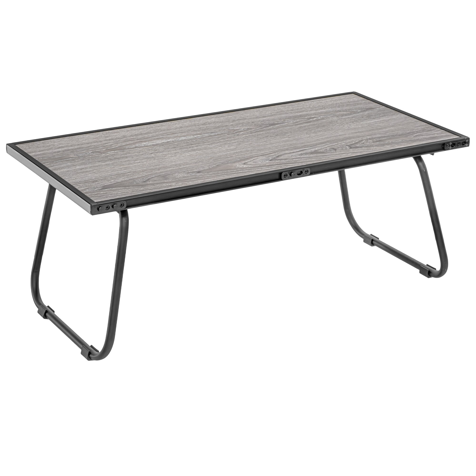 Elùtop ComPack Extension Campingtisch mit rechteckiger Holzoptik-Tischplatte, schwarzem Metallrahmen und gebogenen Beinen, sichtbare Verbindungselemente an der Tischkante