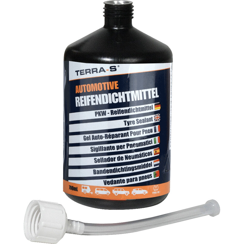 Schwarze Flasche mit Etikett Automotive Reifendichtmittel, 700 ml, und beiliegendem weißen Schlauchstück