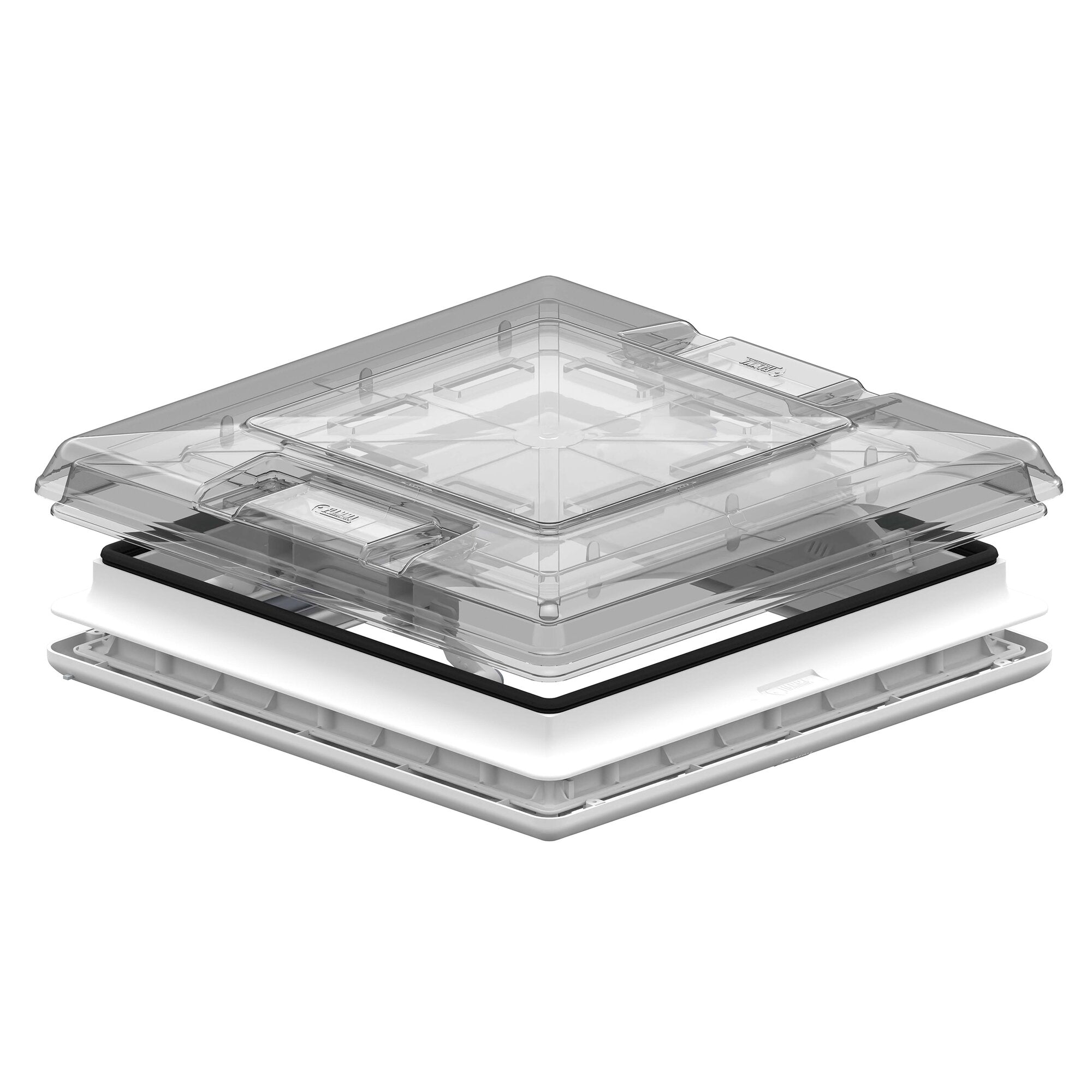 Explosionsdarstellung einer transparenten Dachhaube Vent 50 Crystal mit klarem Deckel, Dichtungen und darunterliegendem Basisrahmen sichtbar