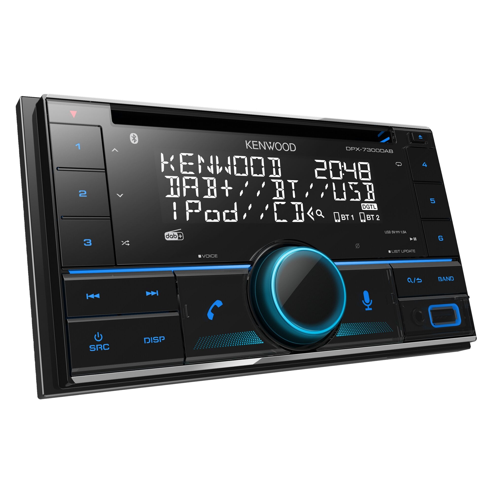 Kenwood DPX-7300DAB Autoradio mit großem Display, blau beleuchteten Tasten, Drehknopf, Bluetooth-Symbol, USB-Anschluss