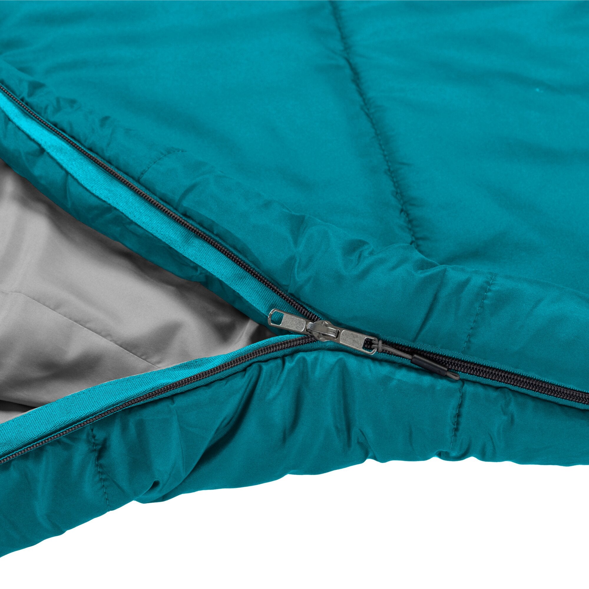 Tealfarbener Schlafsack Vandora 70 mit grauem Innenfutter, Nahaufnahme des Reißverschlusses und gestepptem Oberstoff