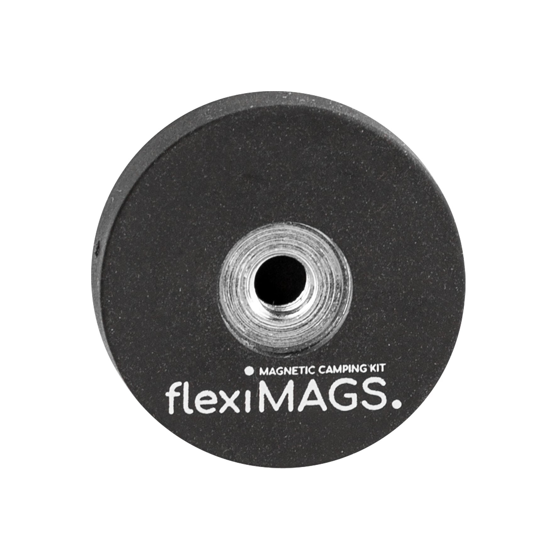 Runder schwarzer Magnet mit silbernem Innenloch in der Mitte, Aufdruck flexiMAGS