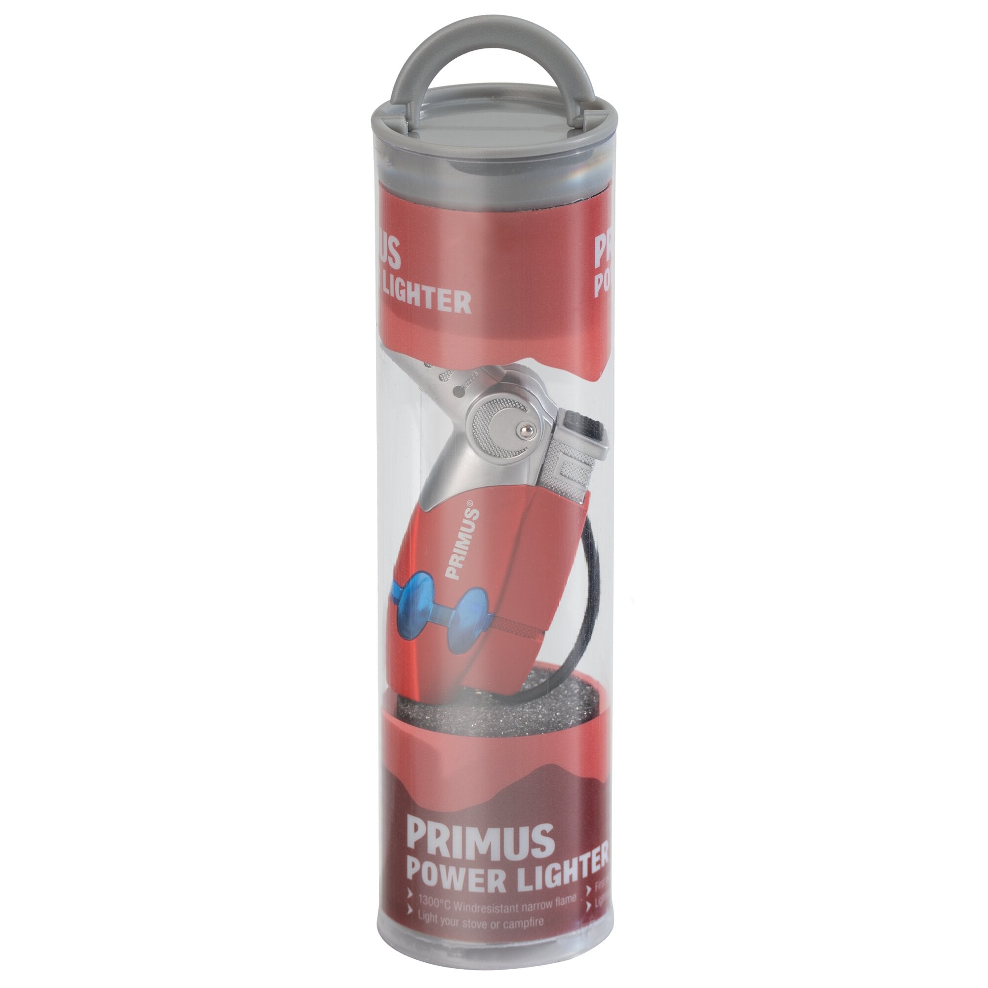 Rotes Sturmfeuerzeug Primus Power Lighter in transparenter Verpackung, grauer Deckel mit Griff und sichtbare Metallmechanik am Zylinder