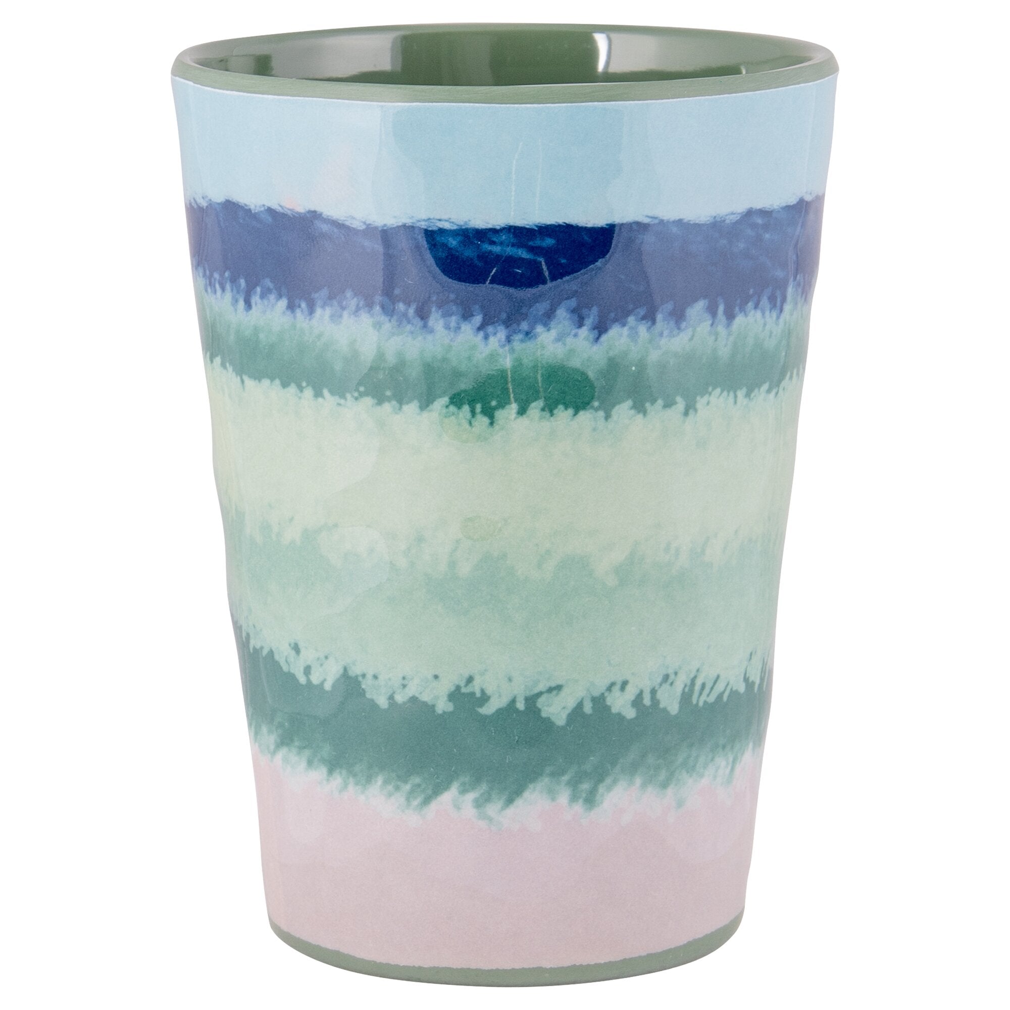 Trinkbecher Halo mit buntem horizontalen Streifenmuster aus Blau-, Grün- und Rosa-Tönen, hellgrüner Innenrand, keramische Oberfläche
