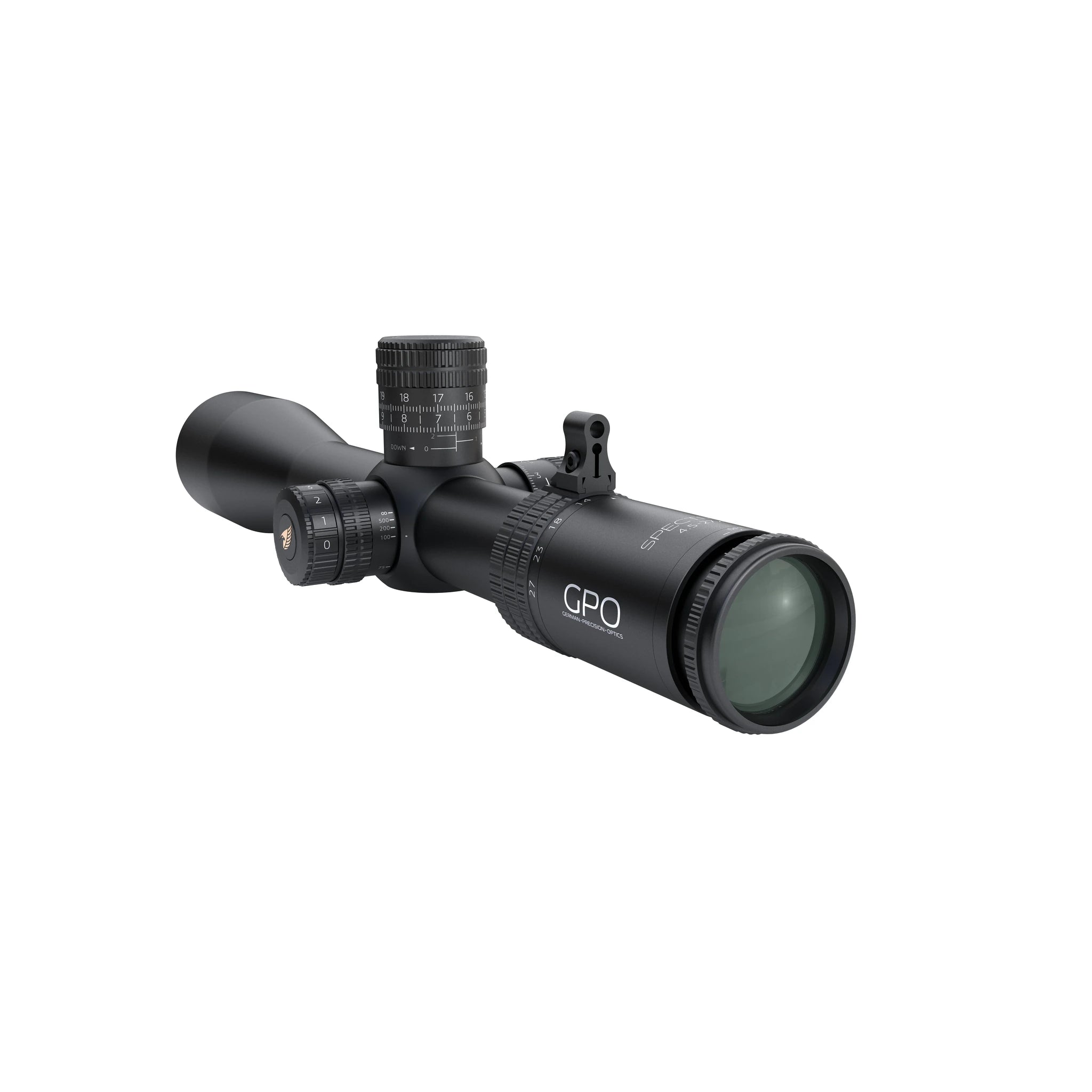 GPO SPECTRA 6x 4,5–27×50i PLRi FFP/CCW Zielfernrohr in schräger Okularansicht