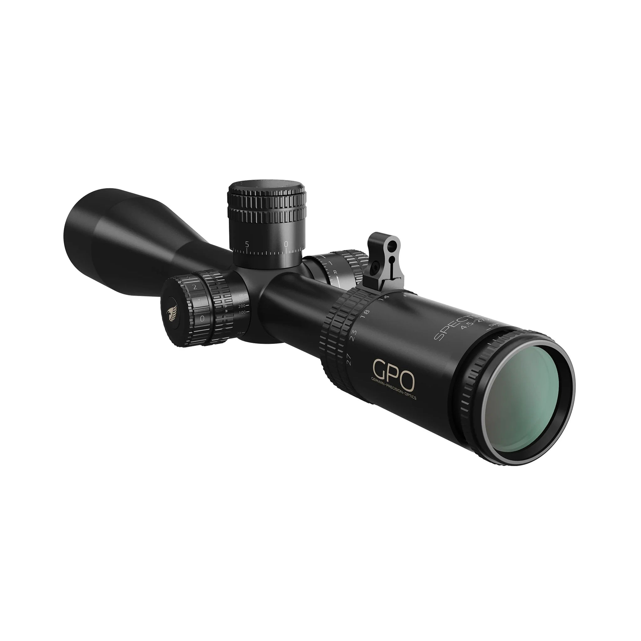 GPO SPECTRA 6x 4,5–27×50i LR Pro FFP Zielfernrohr in schräger Okularansicht
