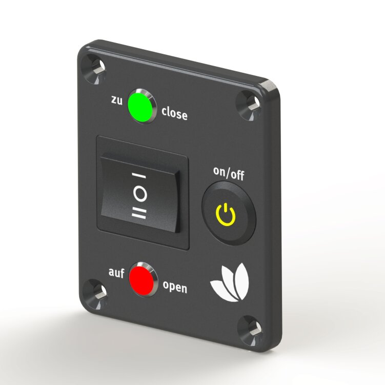 Dunkles Steuerpanel mit vier Schrauben, links Kippschalter, rechts runder Ein/Aus-Taster, oben grüne LED zu close, unten roter Knopf open