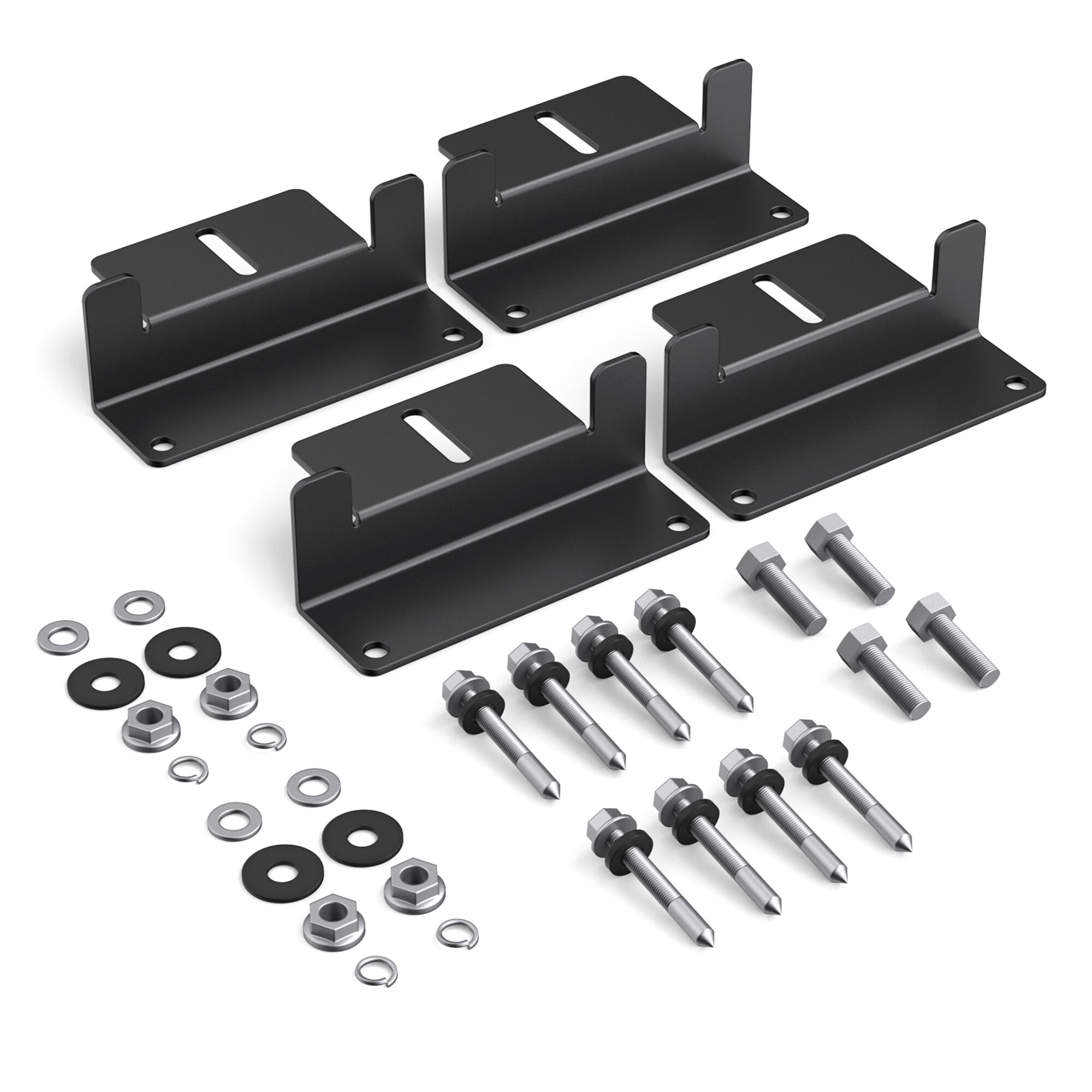Schwarzes Montageset für Solarmodule mit flachen Befestigungsplatten, Halteklammern, Bolzen, Muttern, Unterlegscheiben und Ringen