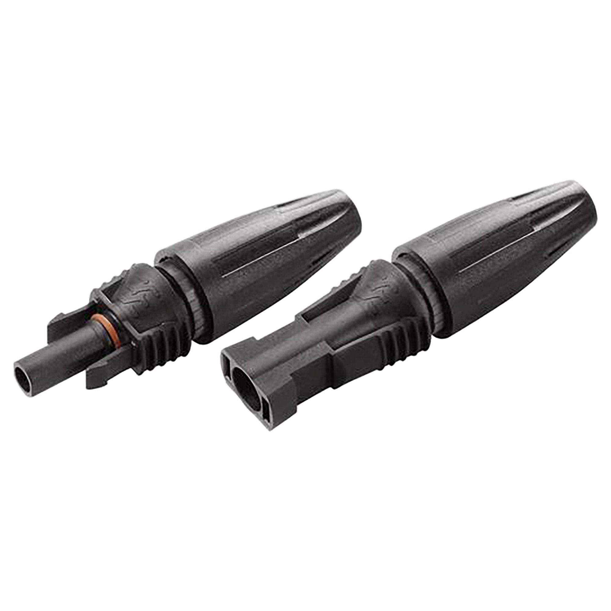 Zwei schwarze MC4-Verbindungsstecker aus Kunststoff, nebeneinander, mit geriffelten Griffbereichen und sichtbarem Kontaktteil am offenen Ende