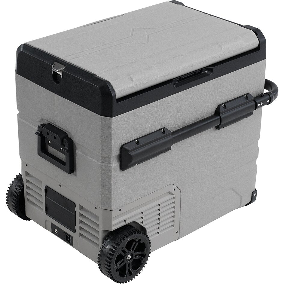 Outwell Arctic Frost 54 l Kühlbox in hellgrau mit dunklem Deckelrand, seitlichen Griffen und großen schwarzen Rädern