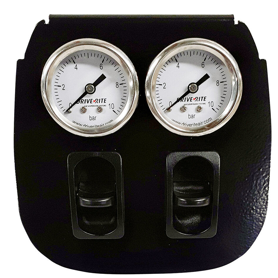 Zwei runde Druckmanometer mit Chromrand auf schwarzem Panel, Bar-Skala, DriveRite-Logo, je einem schwarzen Hebel darunter