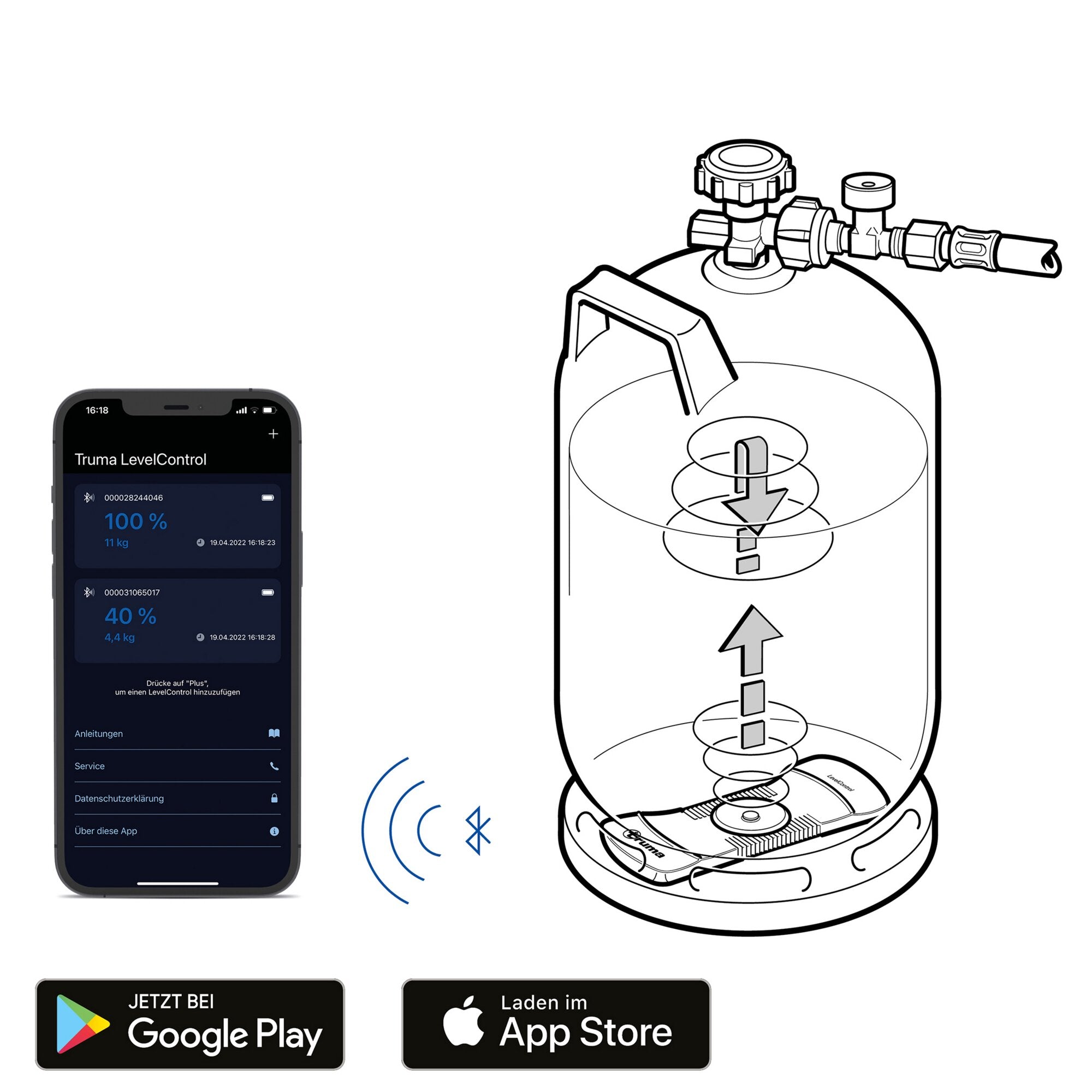 Schwarz-weißes Diagramm eines Gasinhaltsmessgeräts LevelControl am Gaszylinder; Smartphone zeigt die Truma LevelControl App