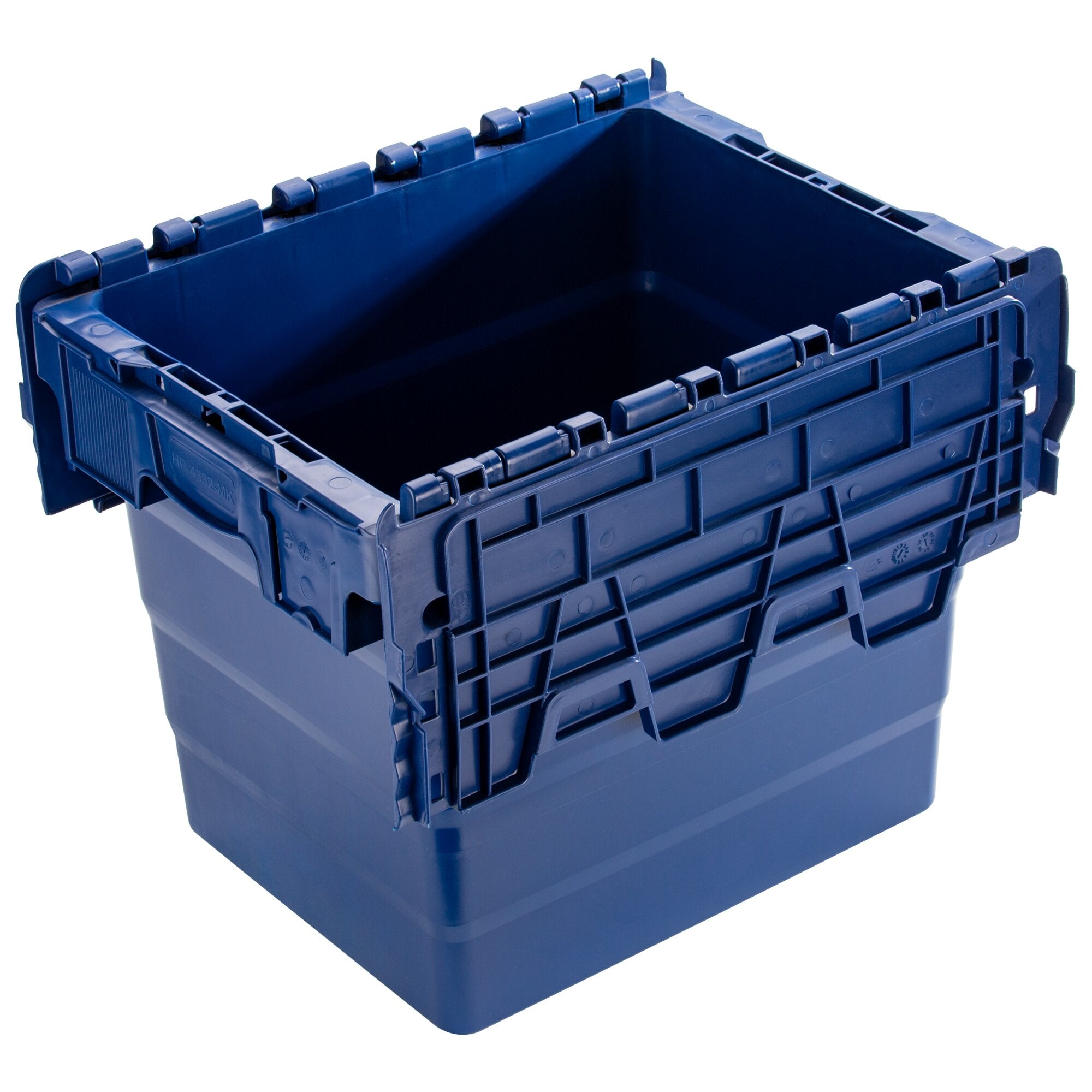 Blaue rechteckige Kunststoff-Transportbox mit offener Oberseite, sichtbaren Verriegelungslaschen am Rand und stabilen Seitenwänden